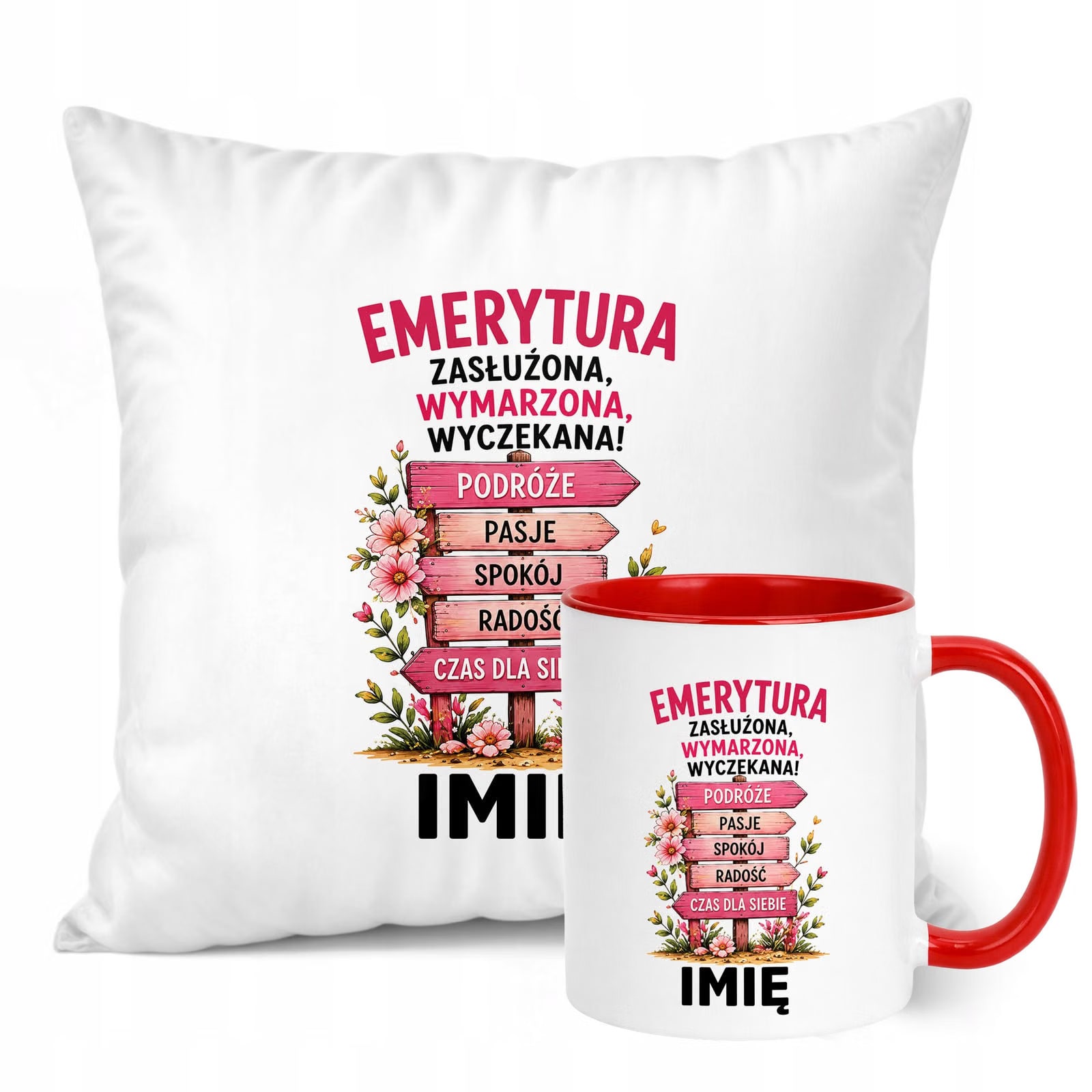 Zestaw Personalizowany Kubek Czerwony Poduszka Emerytura Upominek Prezent