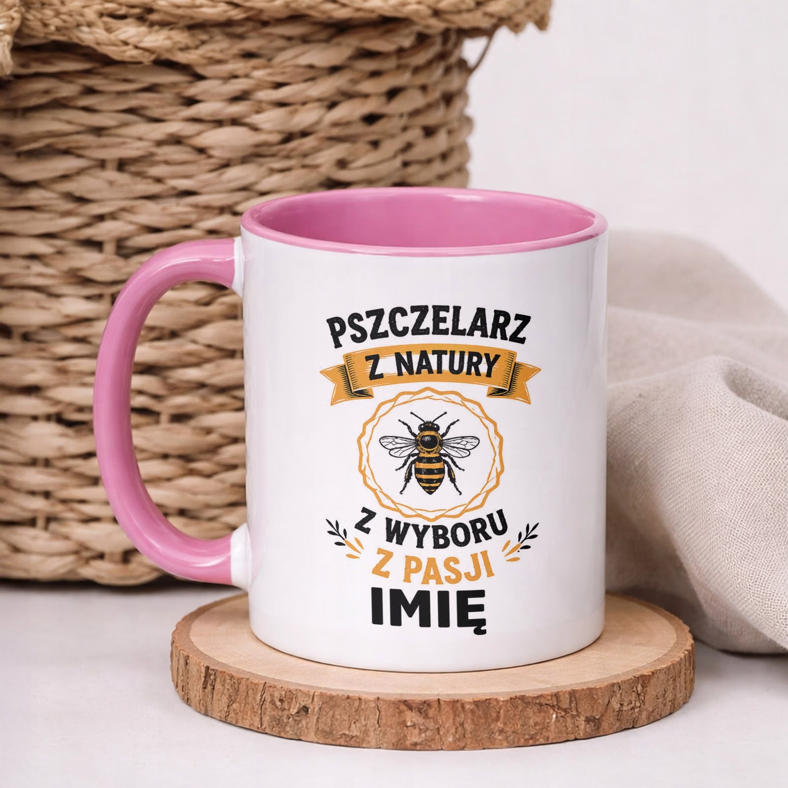 Różowy Kubek Personalizowany z nadrukiem Dla Pszczelarza Upominek Prezent