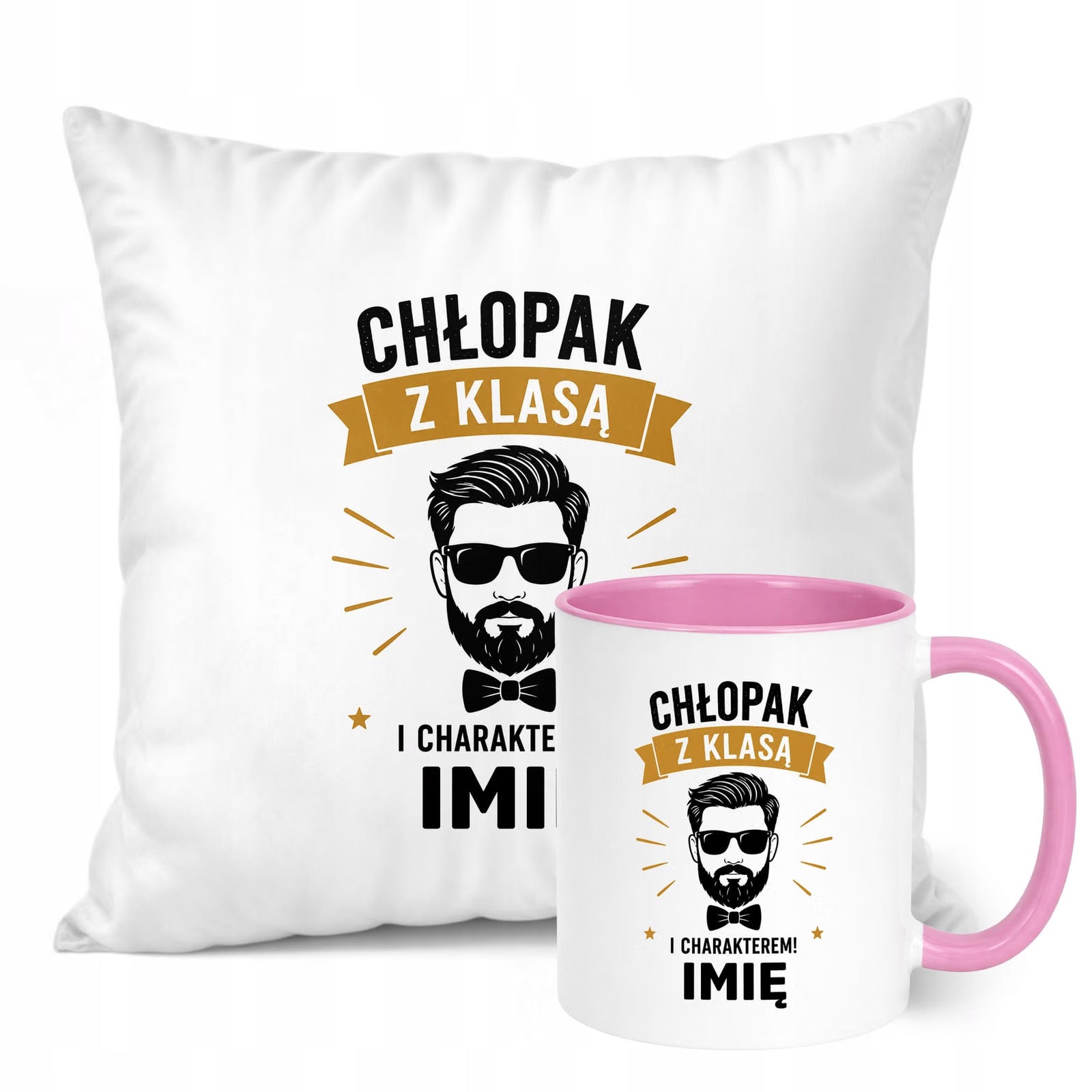 Zestaw Personalizowany Kubek Różowy Poduszka Dzień Chłopaka Z Nadrukiem