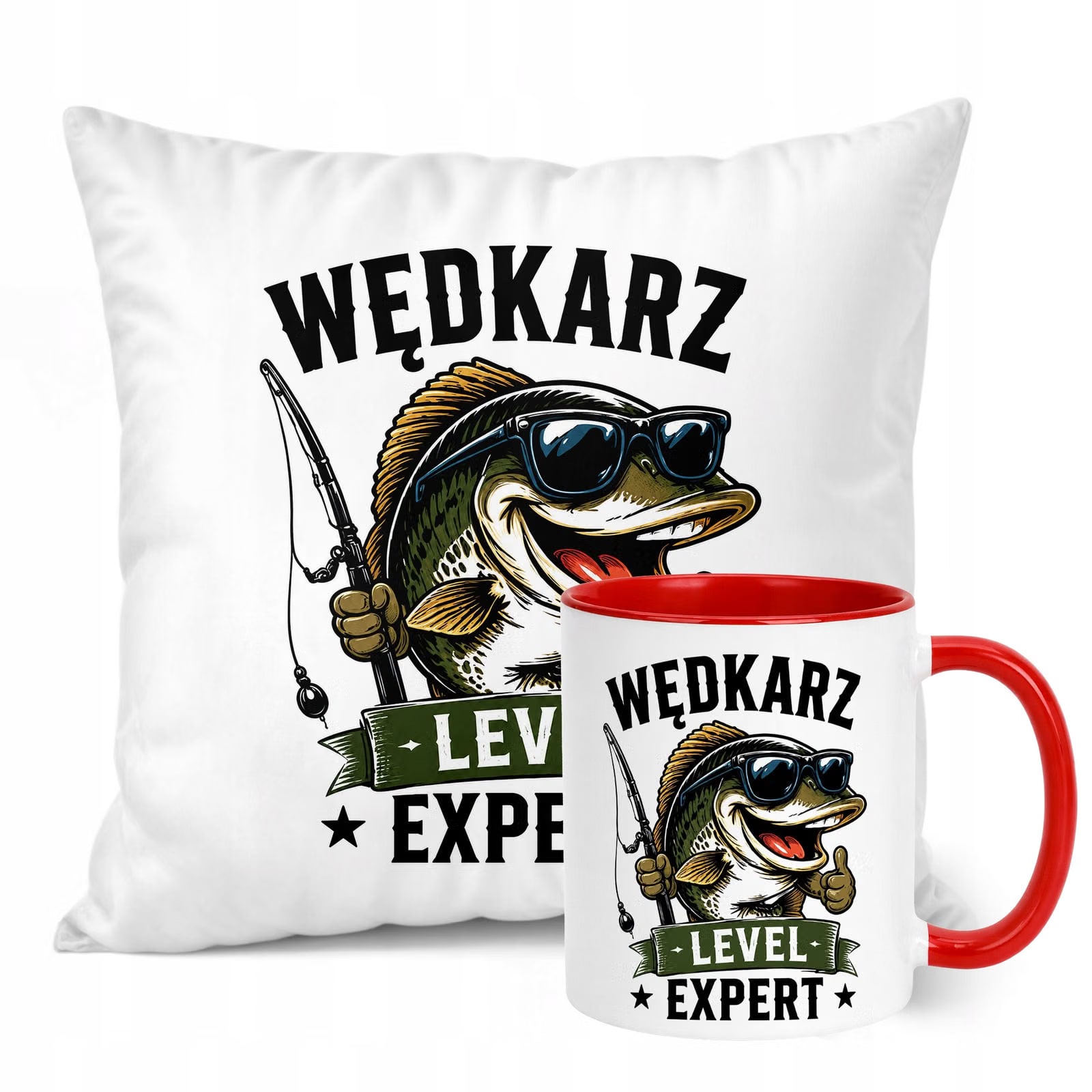 Zestaw Kubek Czerwony Poduszka Z Nadrukiem Dla Wędkarza Prezent