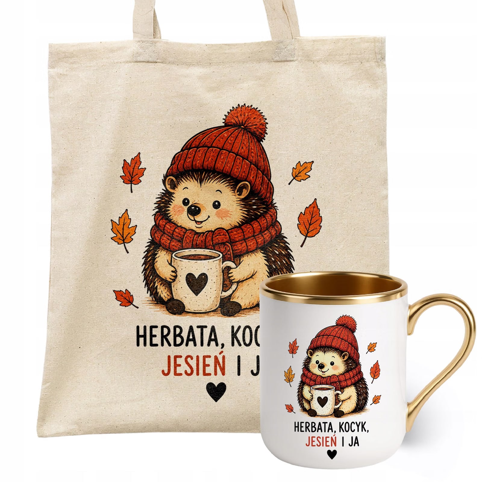 Zestaw Kubek Premium Złoty Torba Shopper Ecru Z Nadrukiem Jesień