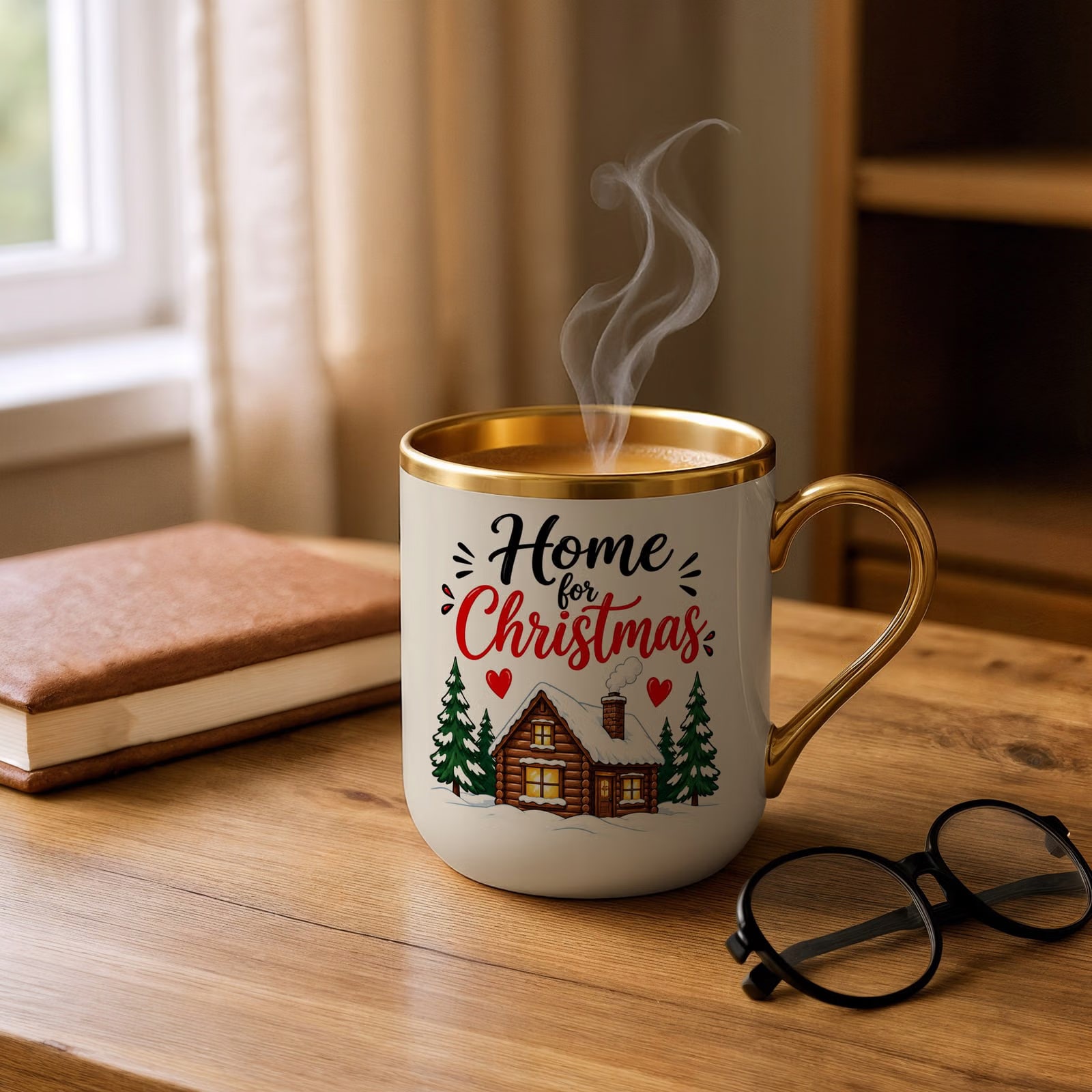 Kubek Premium Złoty Ecru Boże Narodzenie Mikołajki Home For Christmas