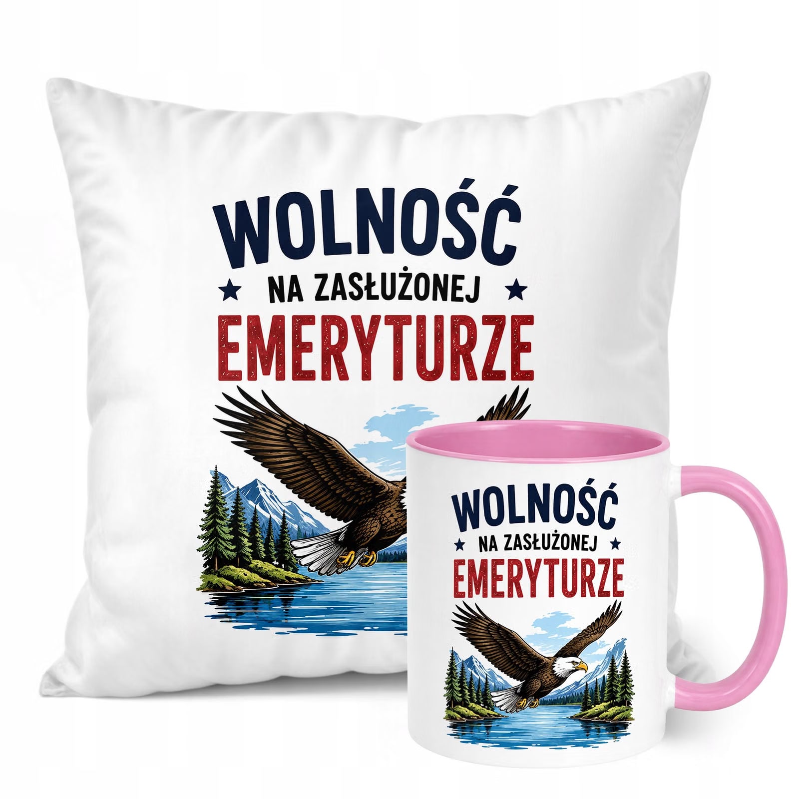 Zestaw Kubek Różowy Poduszka Z Nadrukiem Emerytura Dla Emeryta Prezent