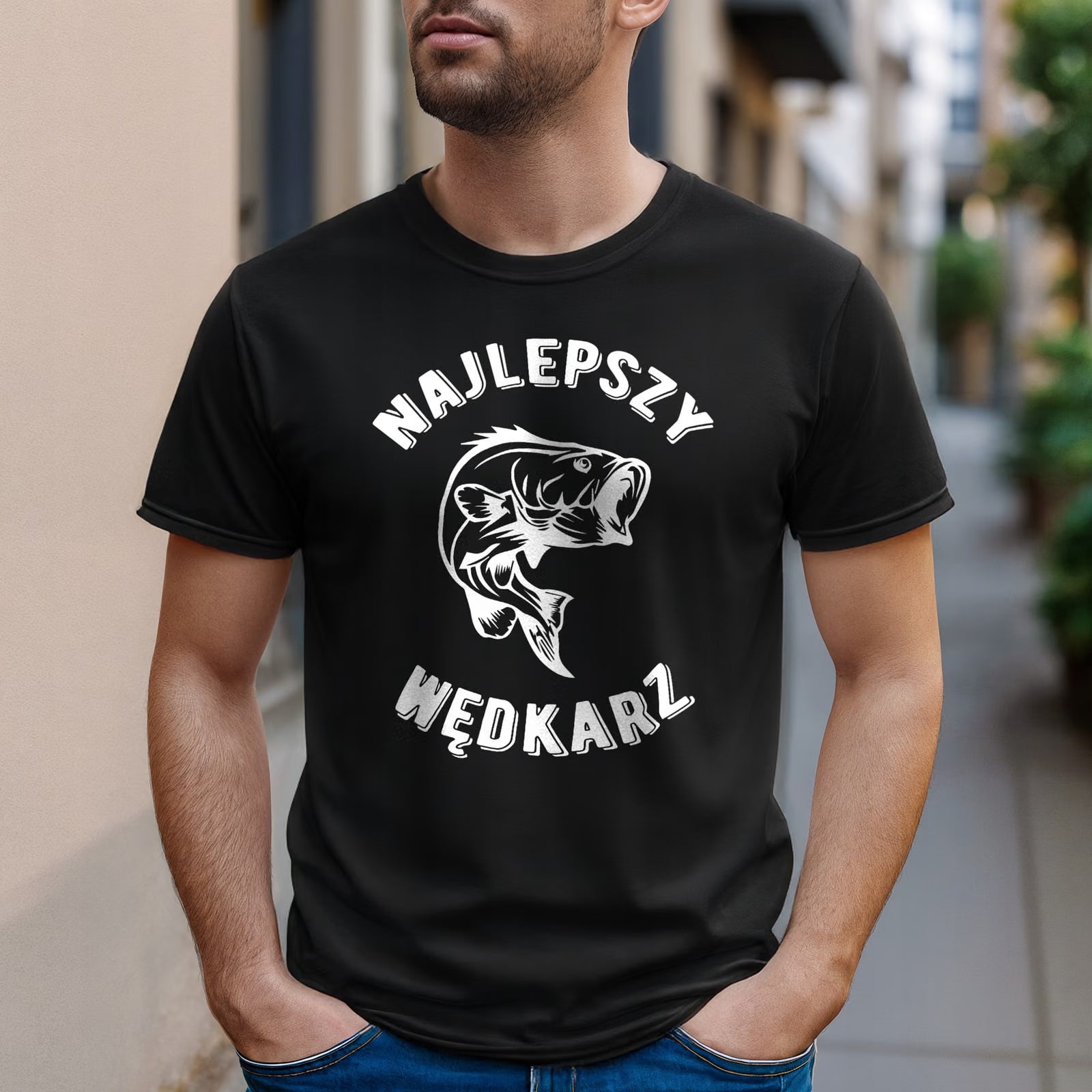 Koszulka czarna męska Dla Wędkarza Wędkowanie Ryby Prezent