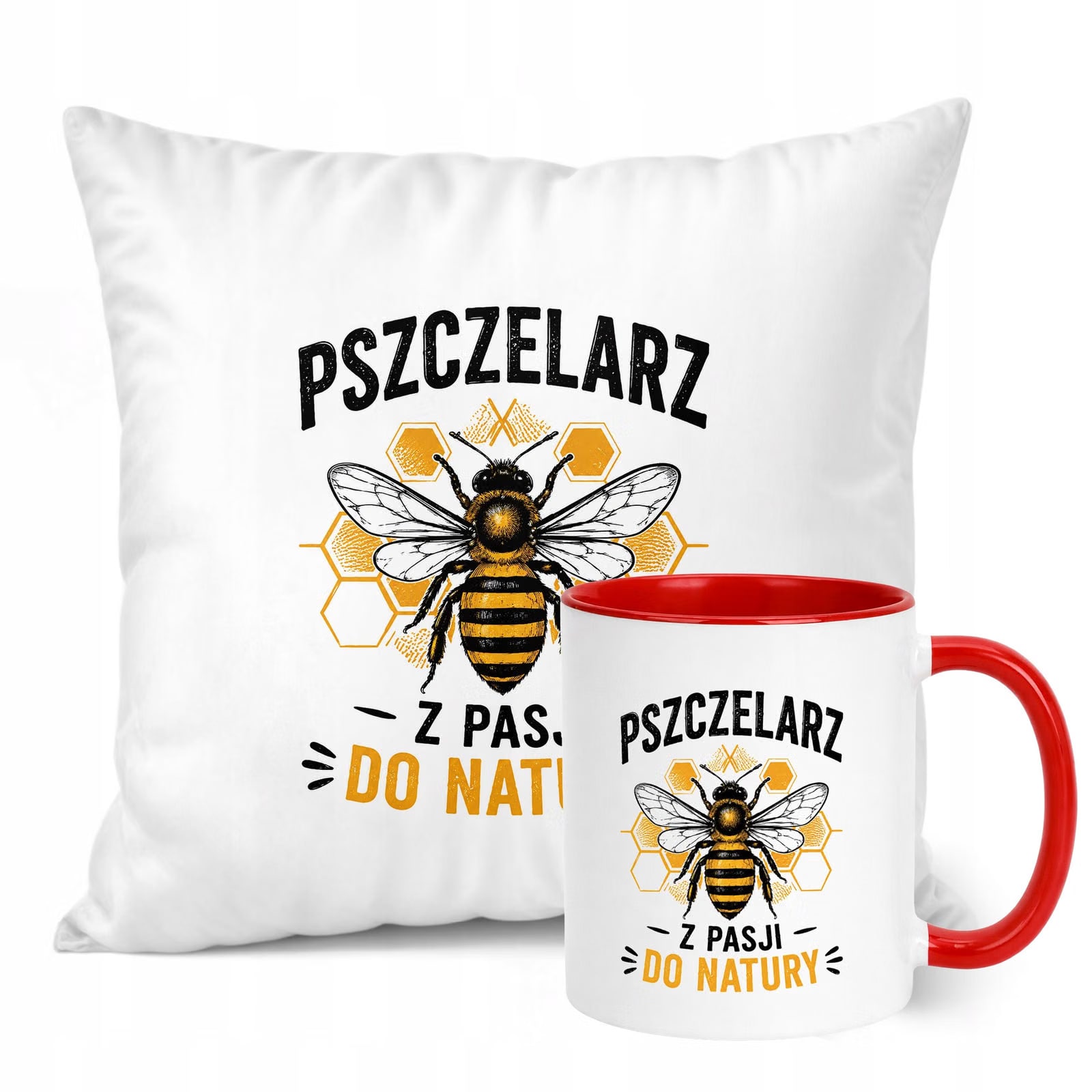 Zestaw Kubek Czerwony Poduszka Z Nadrukiem Dla Pszczelarza Prezent