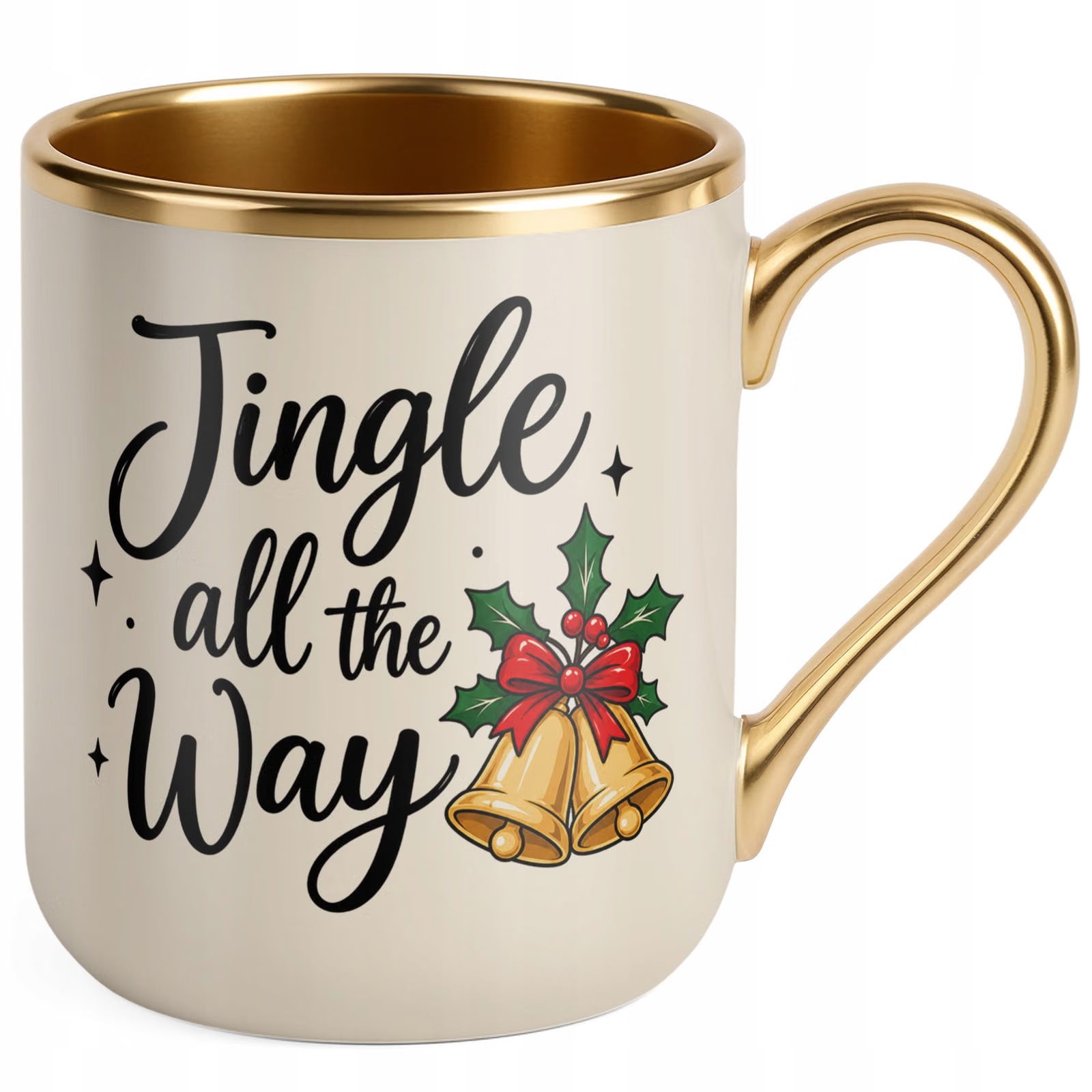 Kubek Premium Złoty Ecru Boże Narodzenie Święta Jingle All The Way Prezent