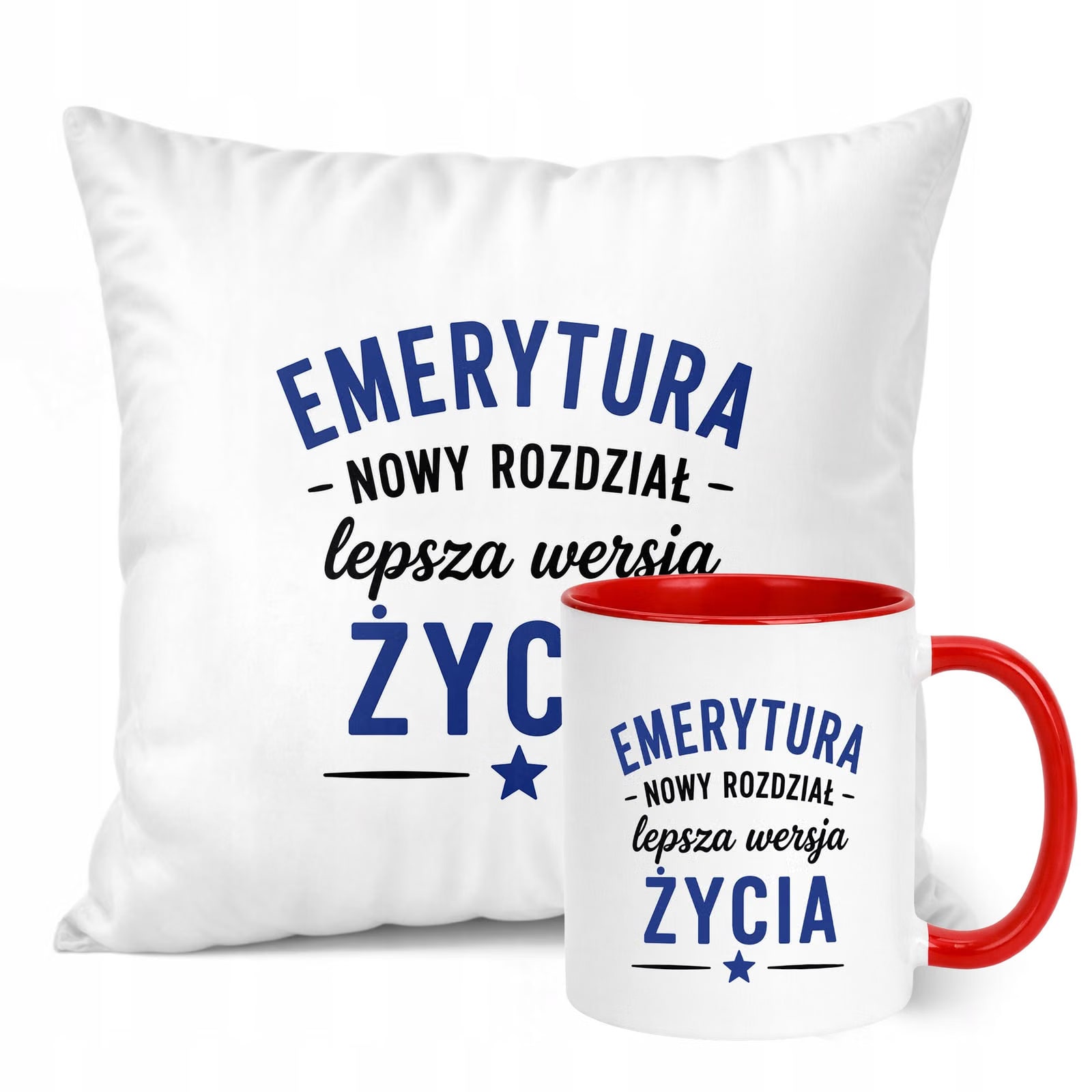 Zestaw Kubek Czerwony Poduszka Z Nadrukiem Emerytura Dla Emeryta Prezent