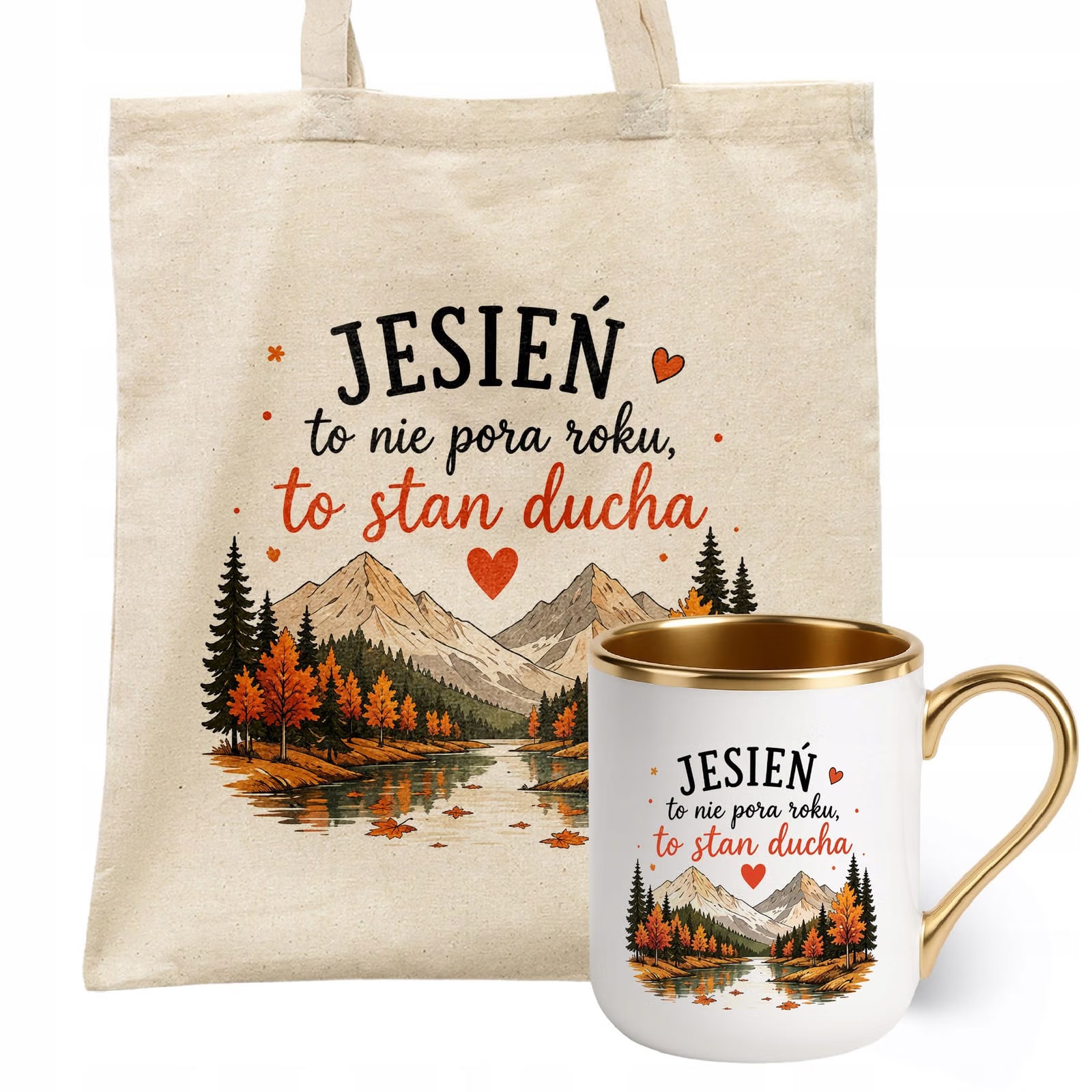 Zestaw Kubek Premium Złoty Torba Shopper Ecru Z Nadrukiem Jesień