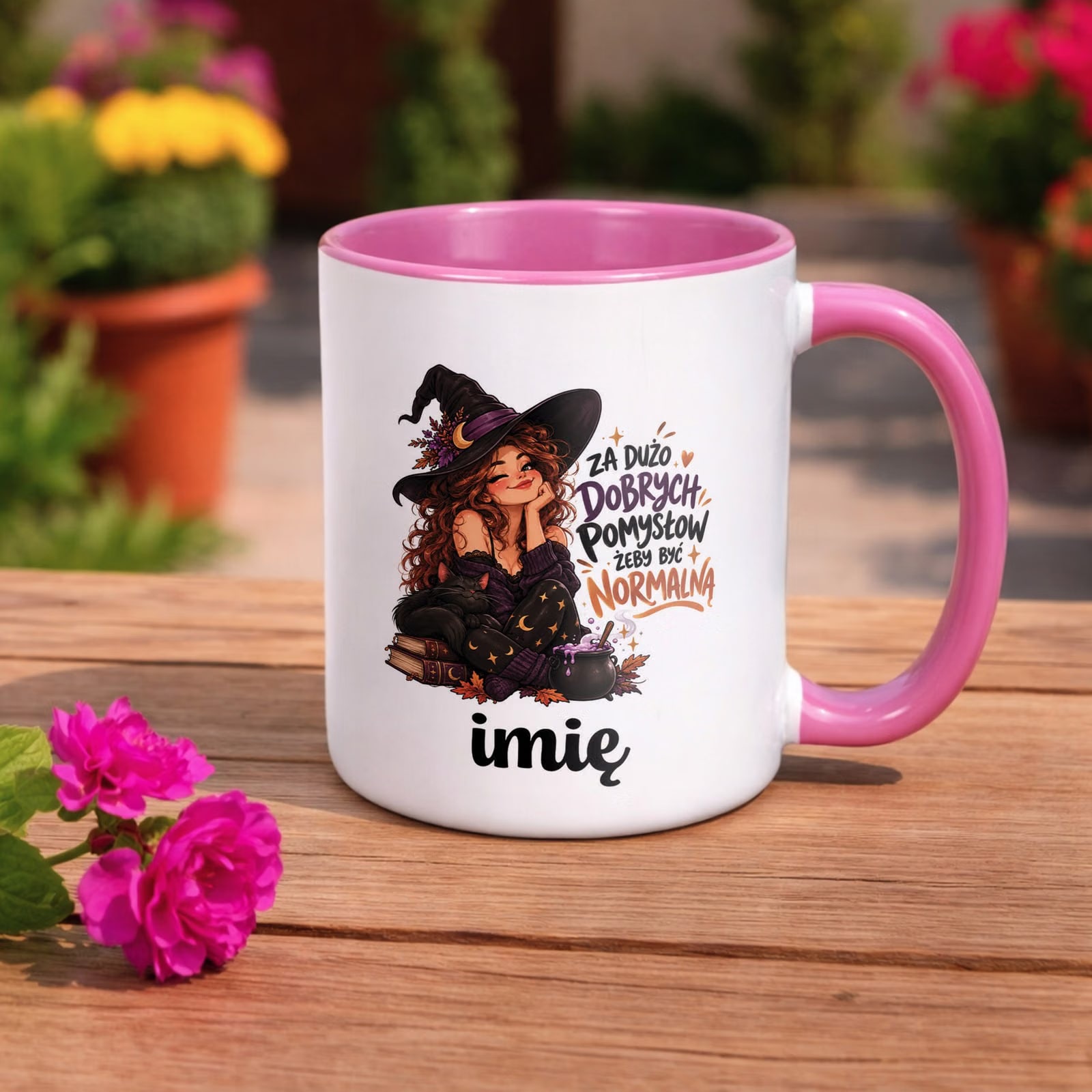 Kubek Różowy Personalizowany z Nadrukiem Dla Kobiet Czarownica Wiedźma