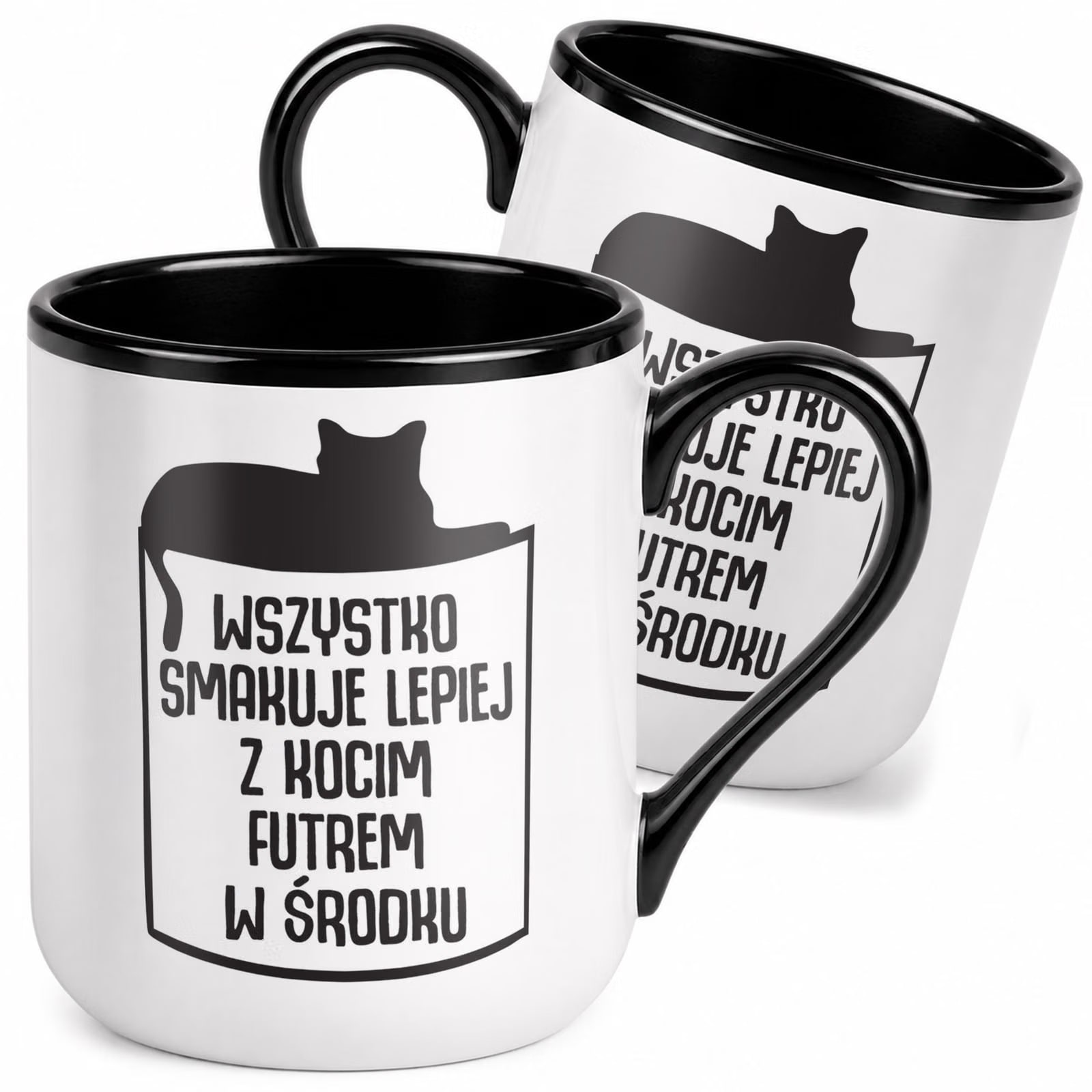 Kubek z nadrukiem Premium Czarny Wszystko Smakuje Lepiej Z Futrem Prezent