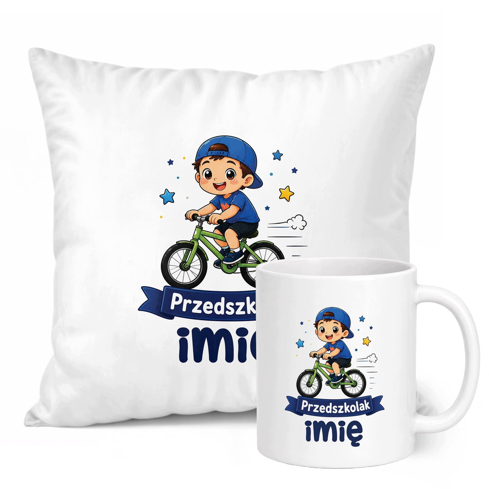 Zestaw Personalizowany Kubek Biały Poduszka Przedszkolak Rower