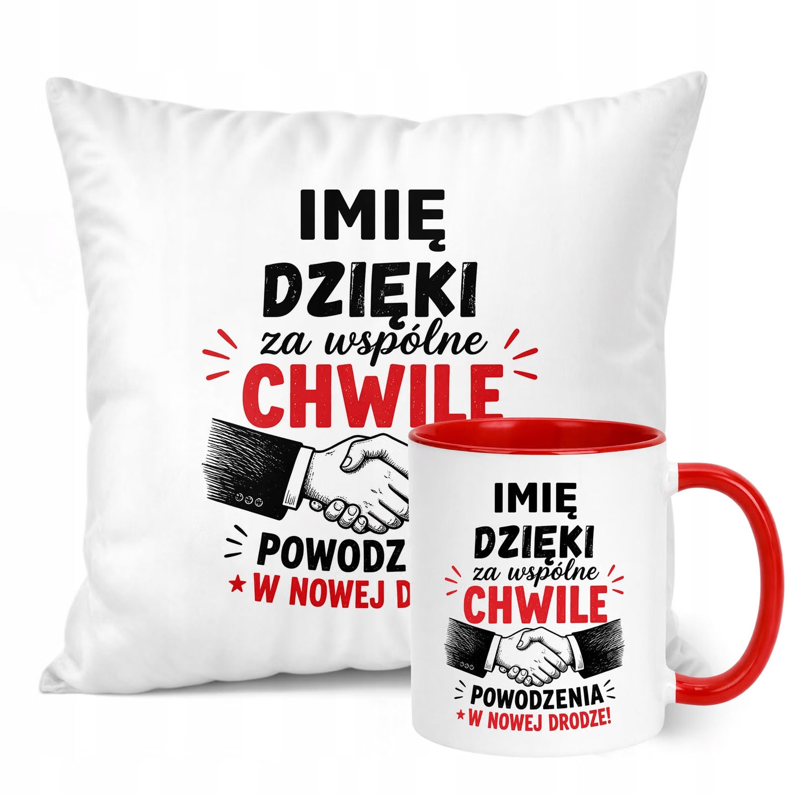 Zestaw Personalizowany Kubek Czerwony Poduszka Odejście z Pracy Prezent