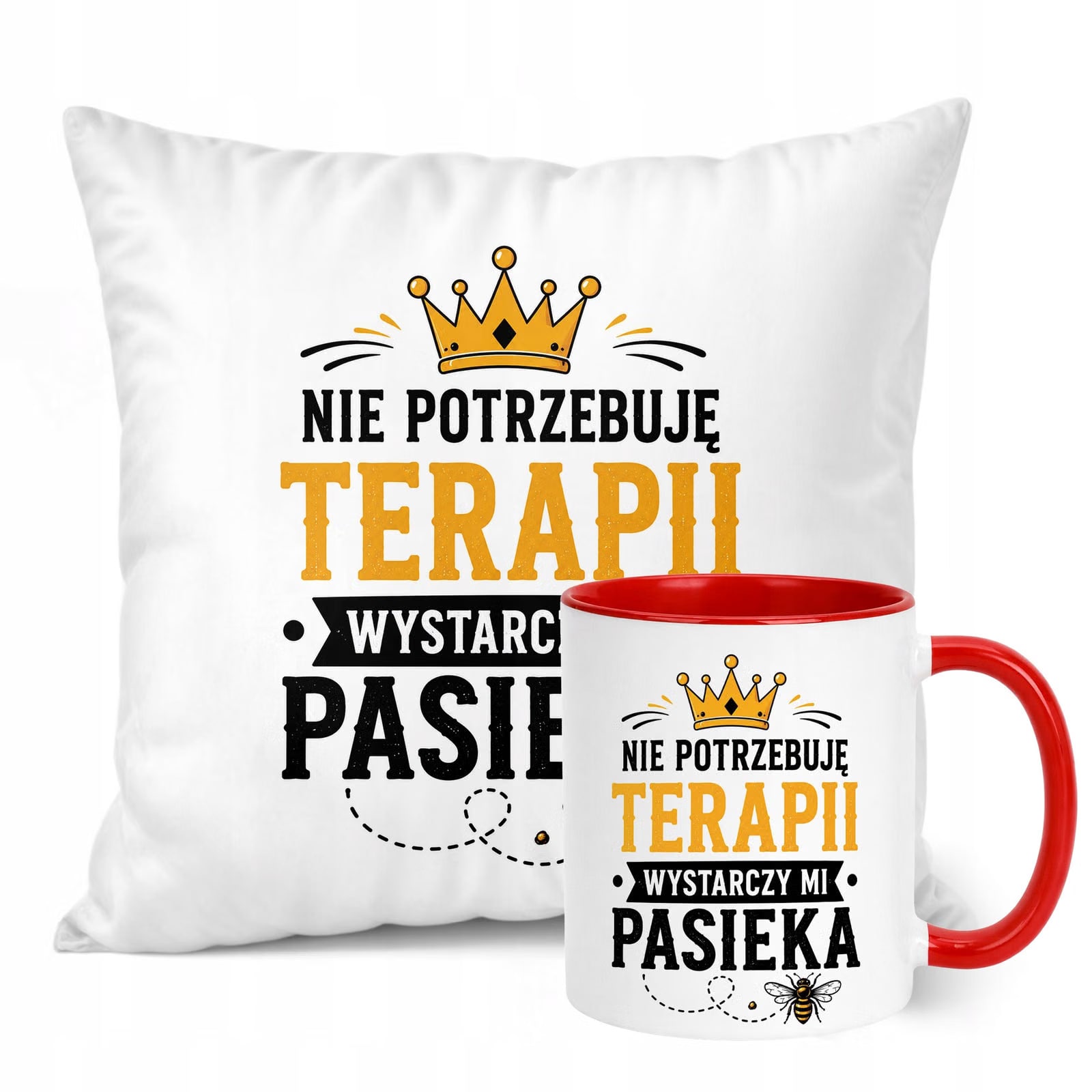Zestaw Kubek Czerwony Poduszka Z Nadrukiem Dla Pszczelarza Prezent