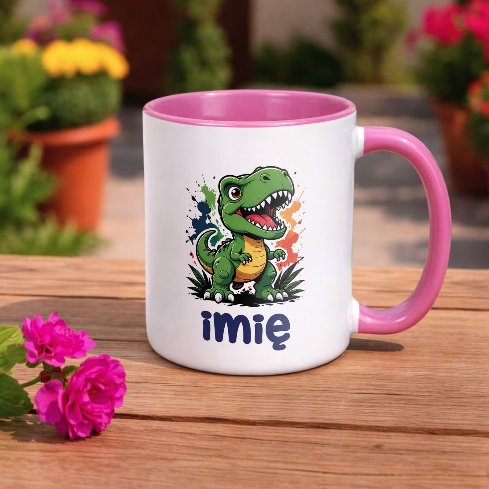 Kubek Różowy z nadrukiem personalizowany Dinozaur Dla Dzieci Prezent