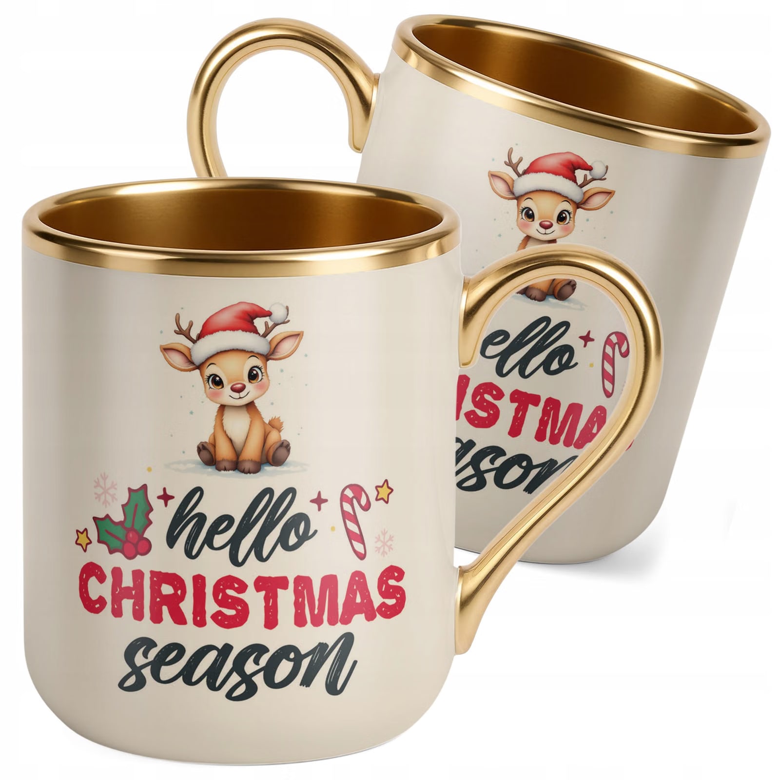 Kubek Premium Złoty Ecru Boże Narodzenie Hello Christmas Season Prezent