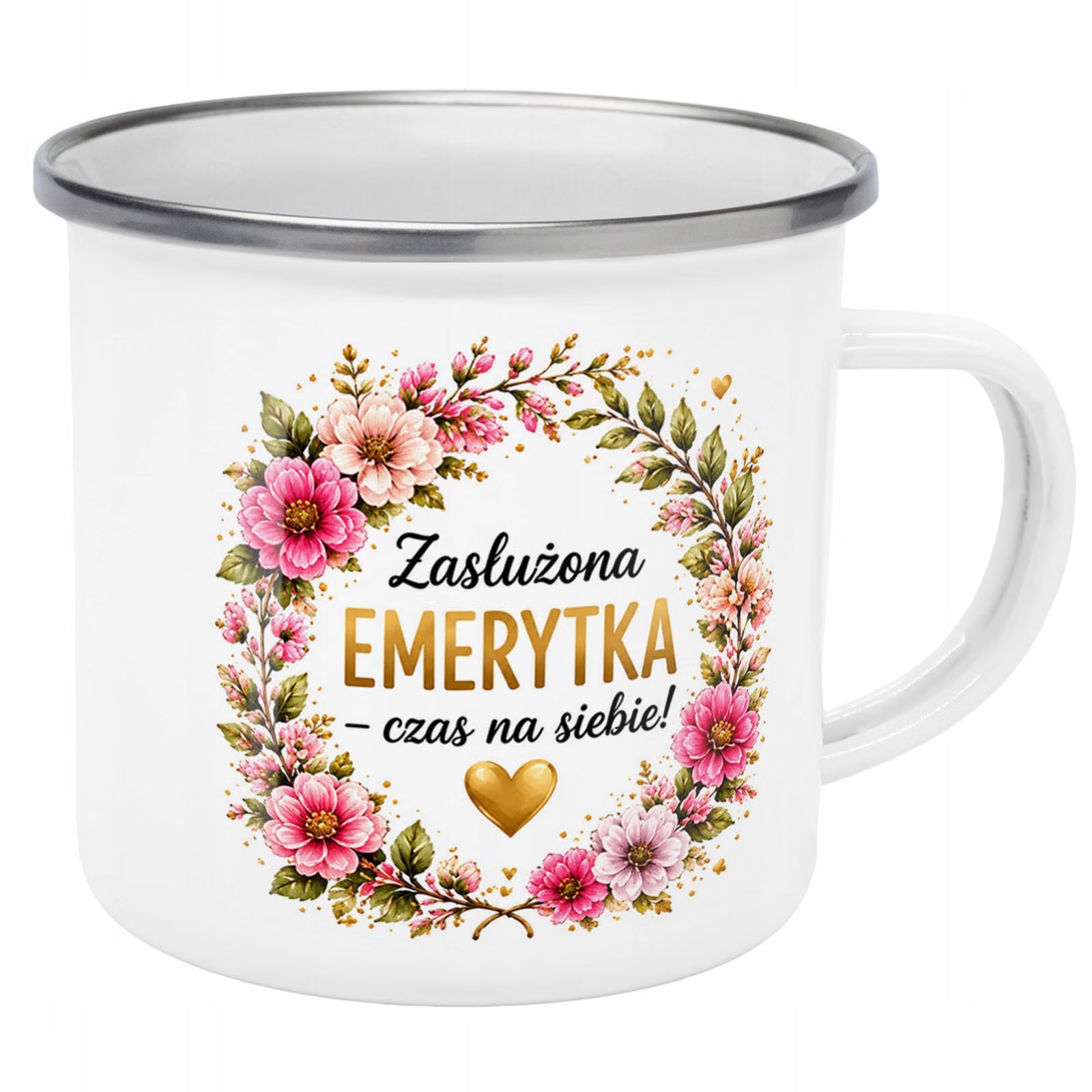 Kubek Emaliowany Emerytura Dla Emerytki z Nadrukiem Biały Metalowy Prezent
