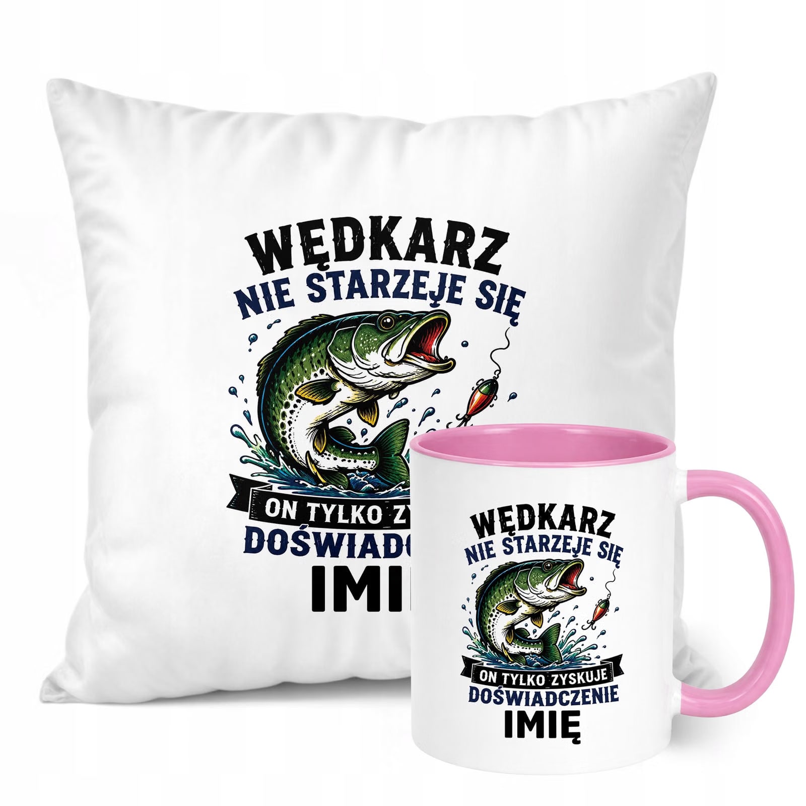 Zestaw Personalizowany Kubek Różowy Poduszka Z Nadrukiem Dla Wędkarza