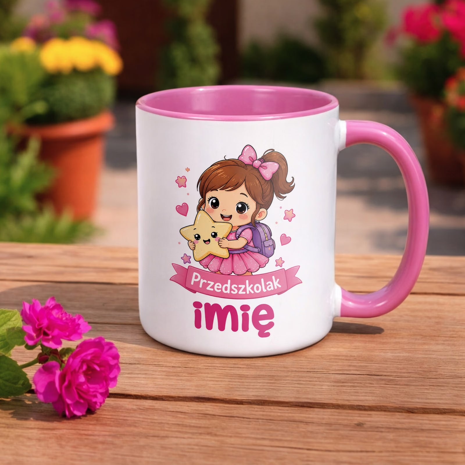Zestaw Personalizowany Kubek Różowy Poduszka Przedszkolak Prezent