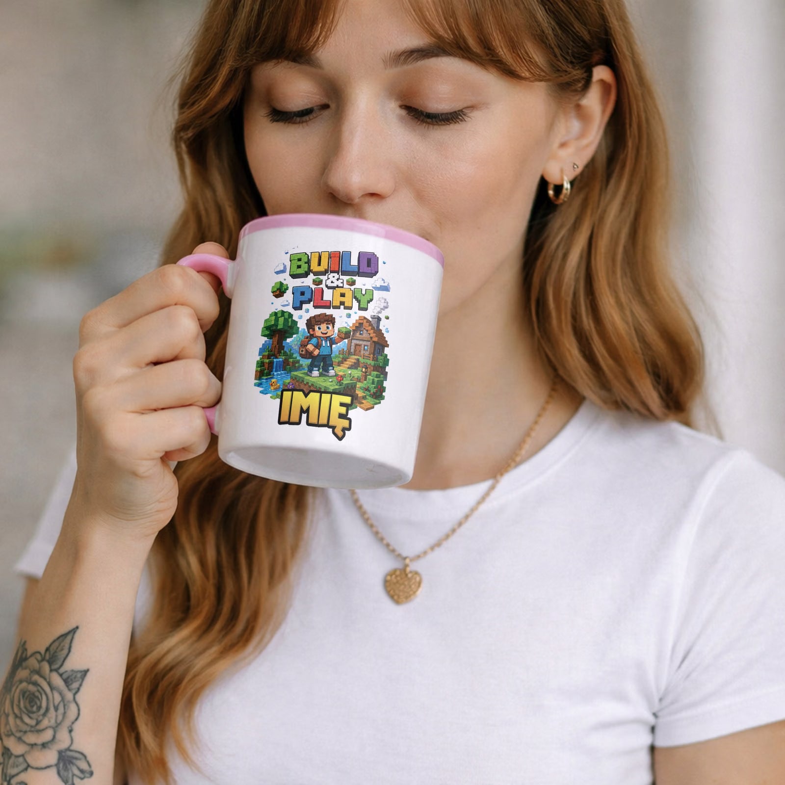 Zestaw Personalizowany Kubek Różowy Poduszka gra Build&Play Prezent