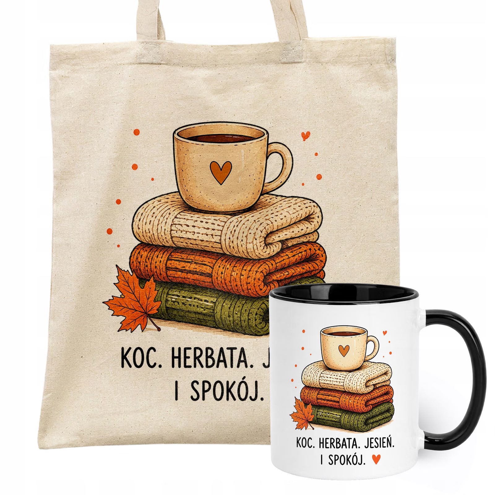Zestaw Kubek Czarny Torba Shopper Ecru Z Nadrukiem Jesień Jesienny