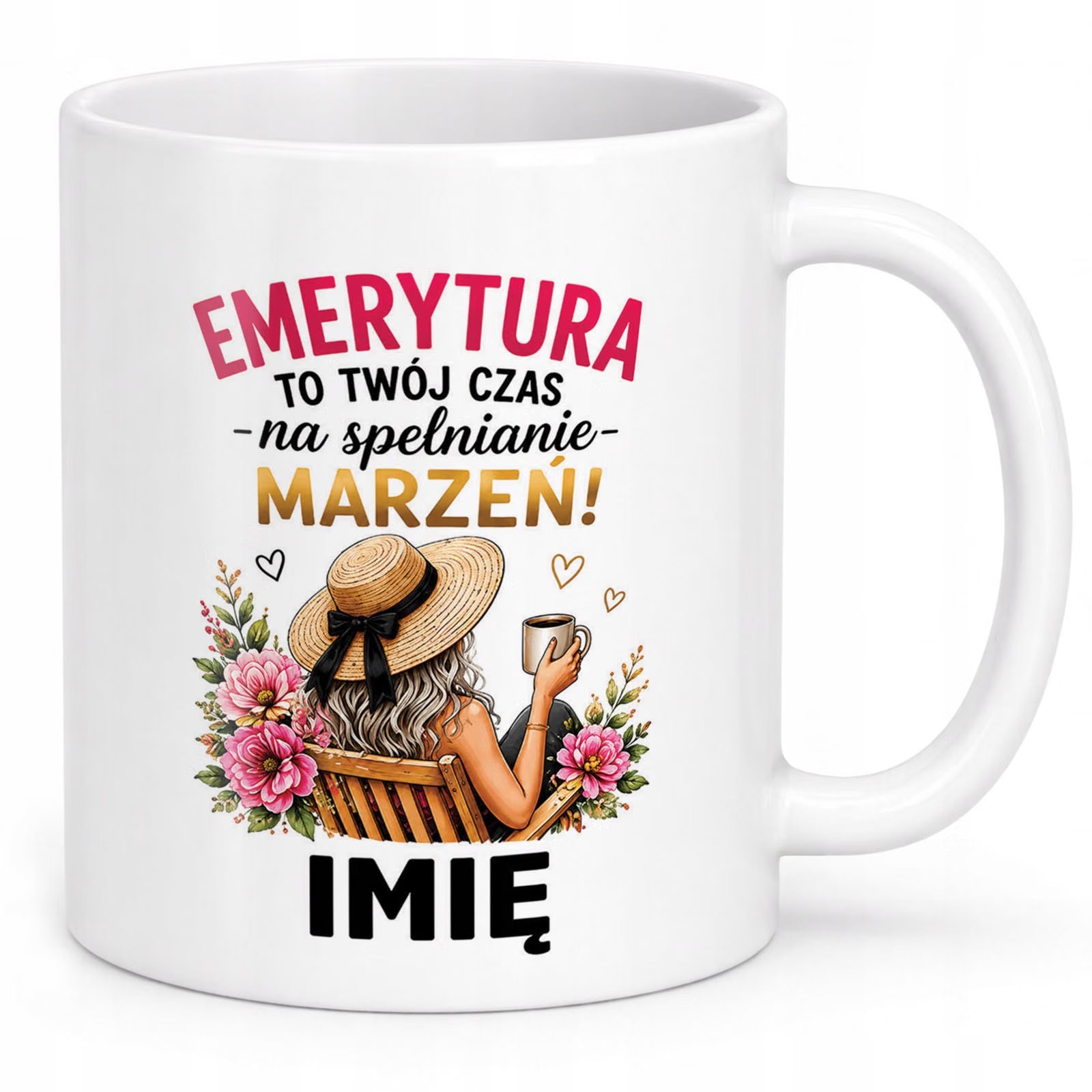Biały Kubek Personalizowany z Nadrukiem Emerytura Dla Emerytki Prezent