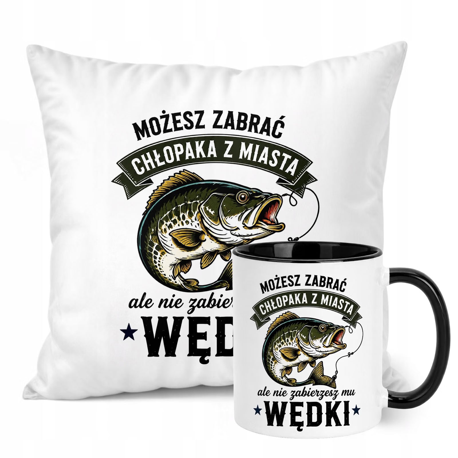 Zestaw Kubek Czarny Poduszka Z Nadrukiem Dla Wędkarza Prezent