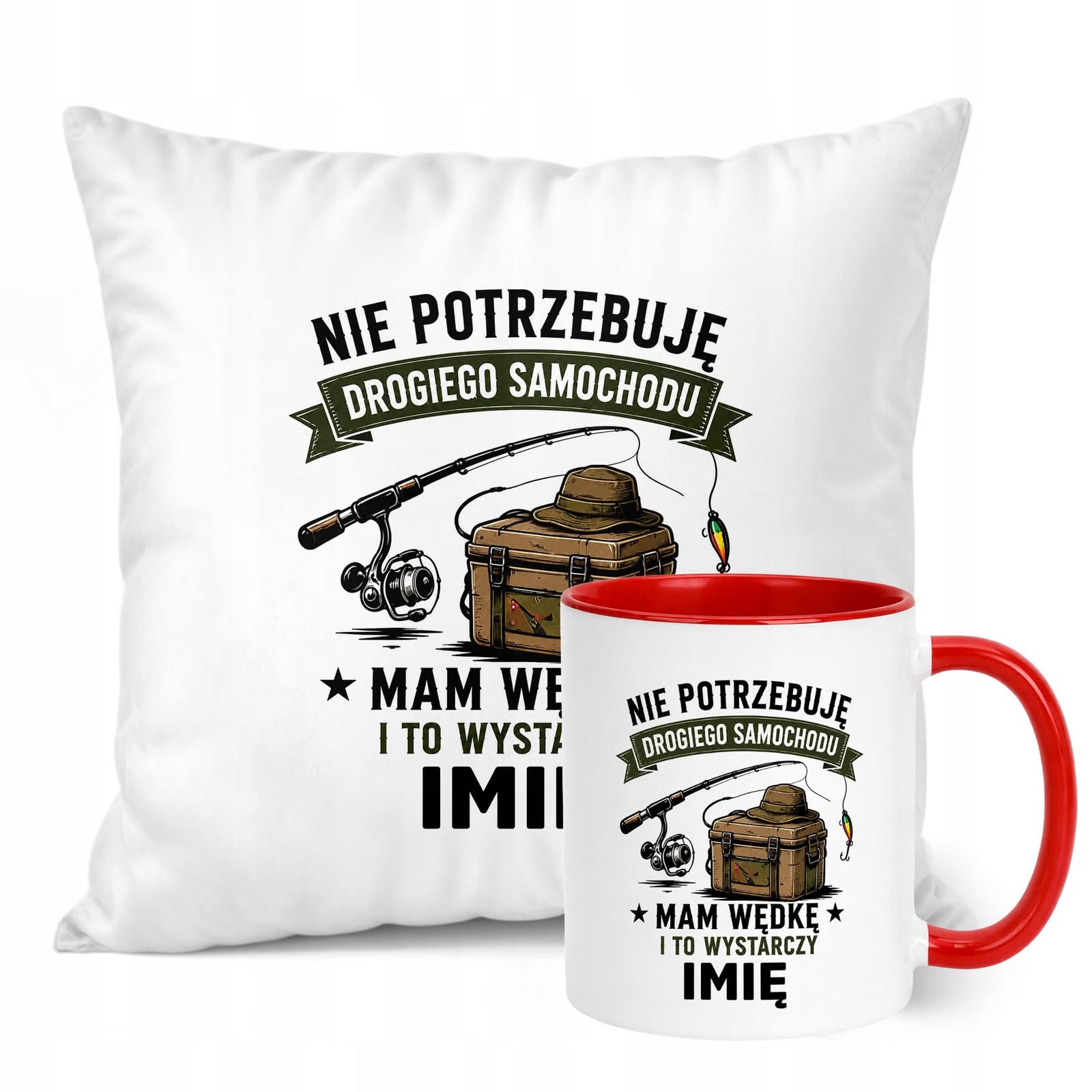 Zestaw Personalizowany Kubek Czerwony Poduszka Z Nadrukiem Dla Wędkarza