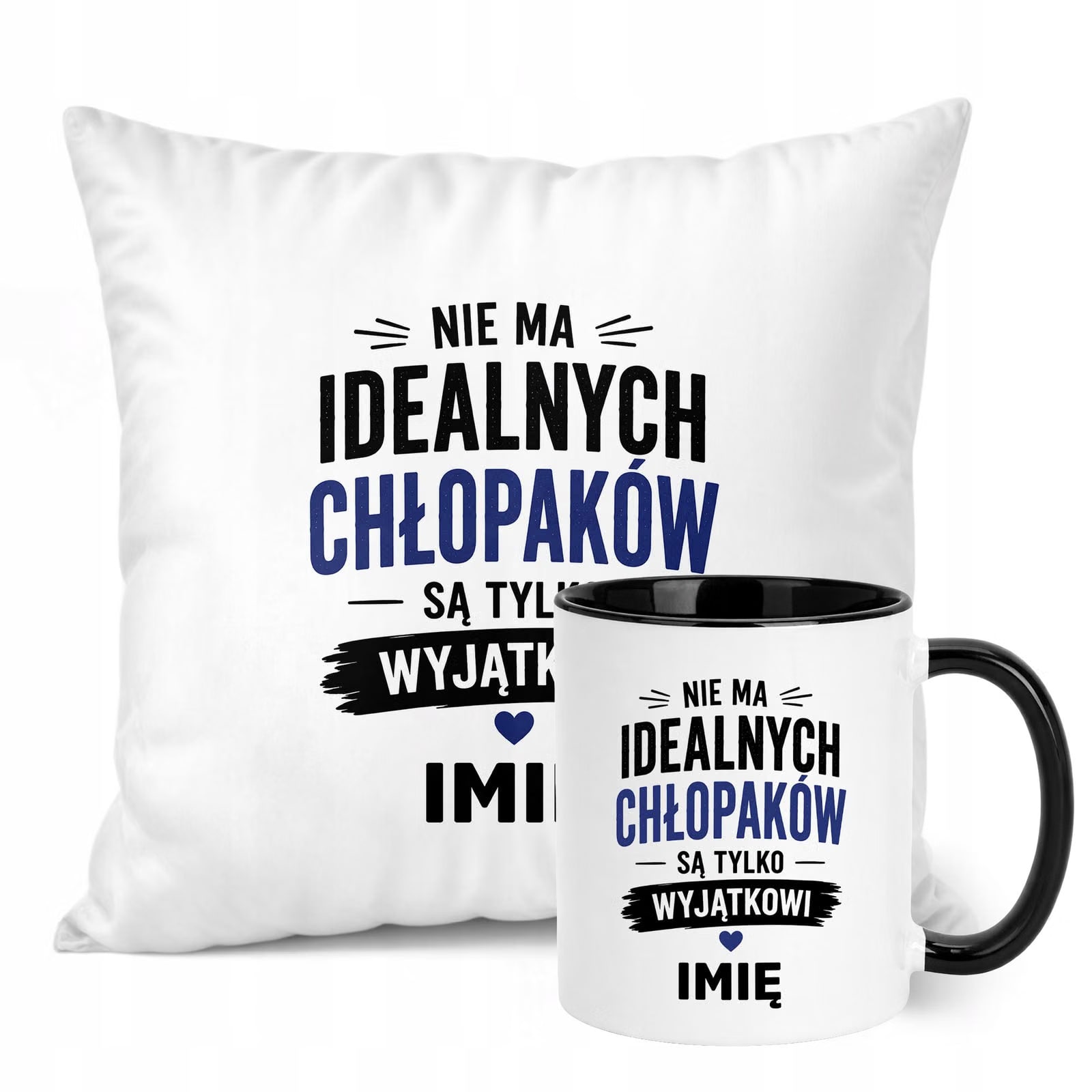 Zestaw Personalizowany Kubek Czarny Poduszka Dzień Chłopaka Z Nadrukiem