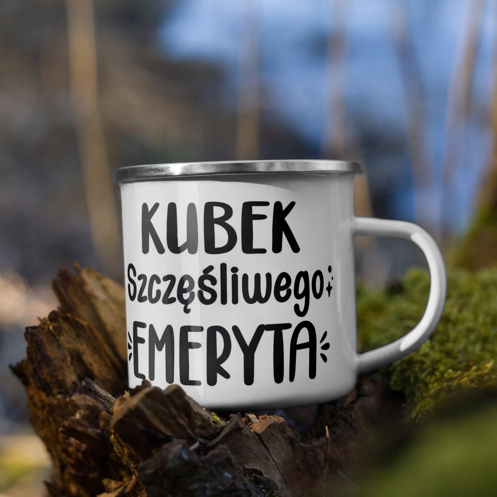 Kubek Emaliowany z okazji Emerytury Dla Emeryta z Nadrukiem Biały Metalowy