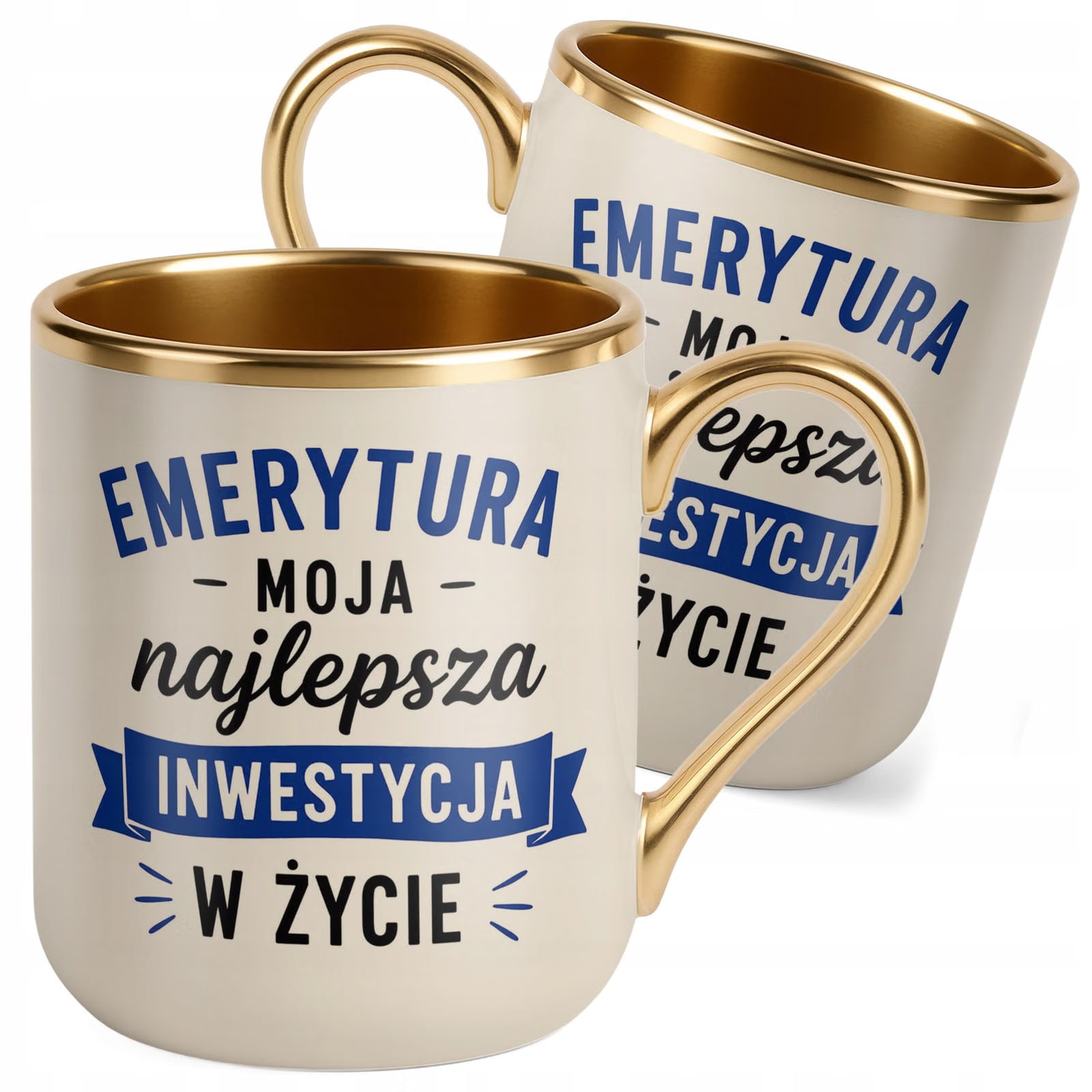 Kubek z nadrukiem Premium Złoty Ecru Emerytura Dla Emeryta Upominek Prezent