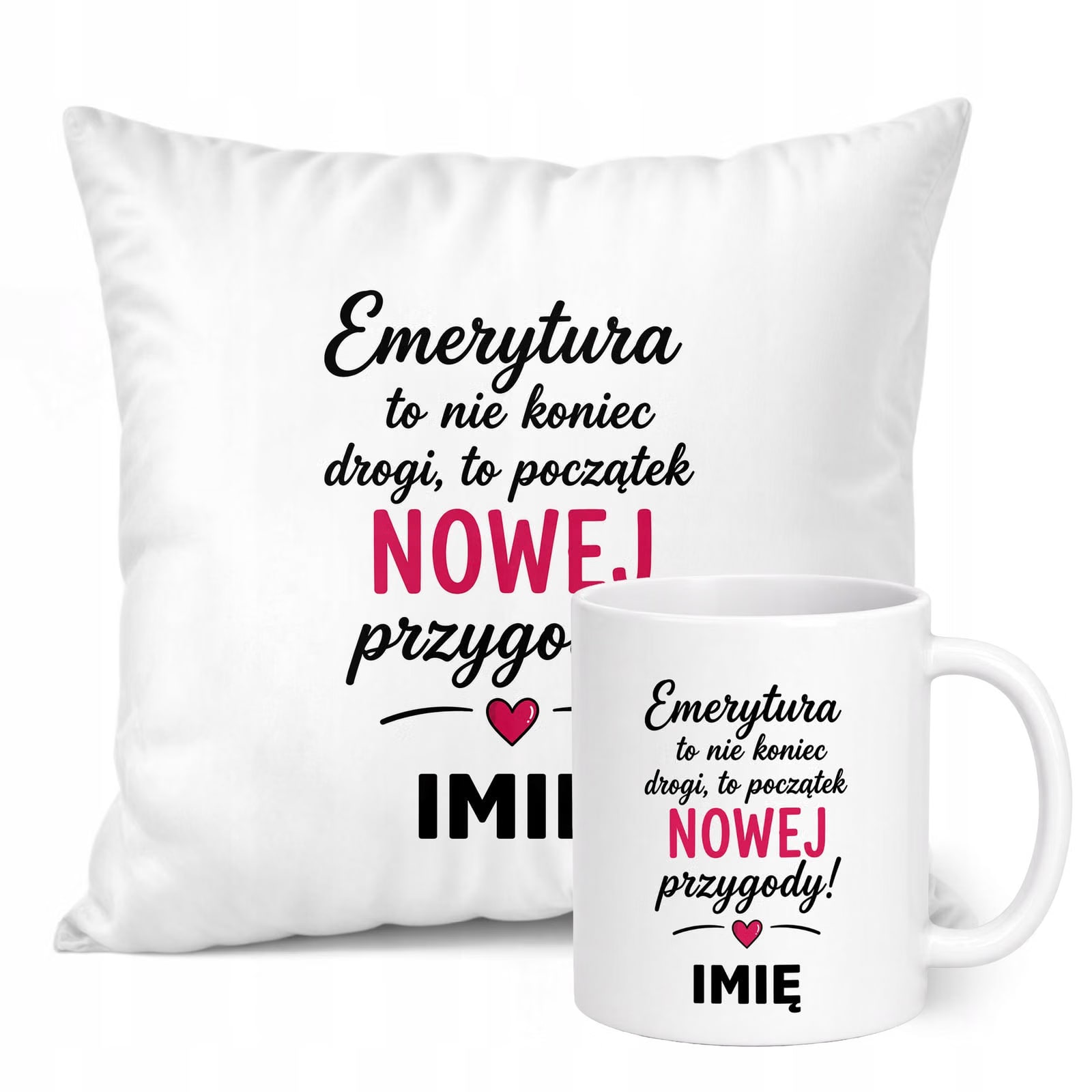 Zestaw Personalizowany Kubek Biały Poduszka Emerytura Dla Emerytki Prezent