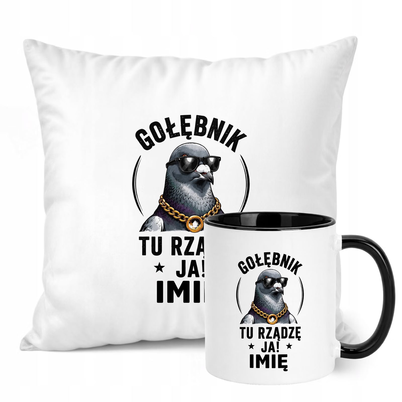 Zestaw Personalizowany Kubek Czarny Poduszka Z Nadrukiem Dla Gołębiarza