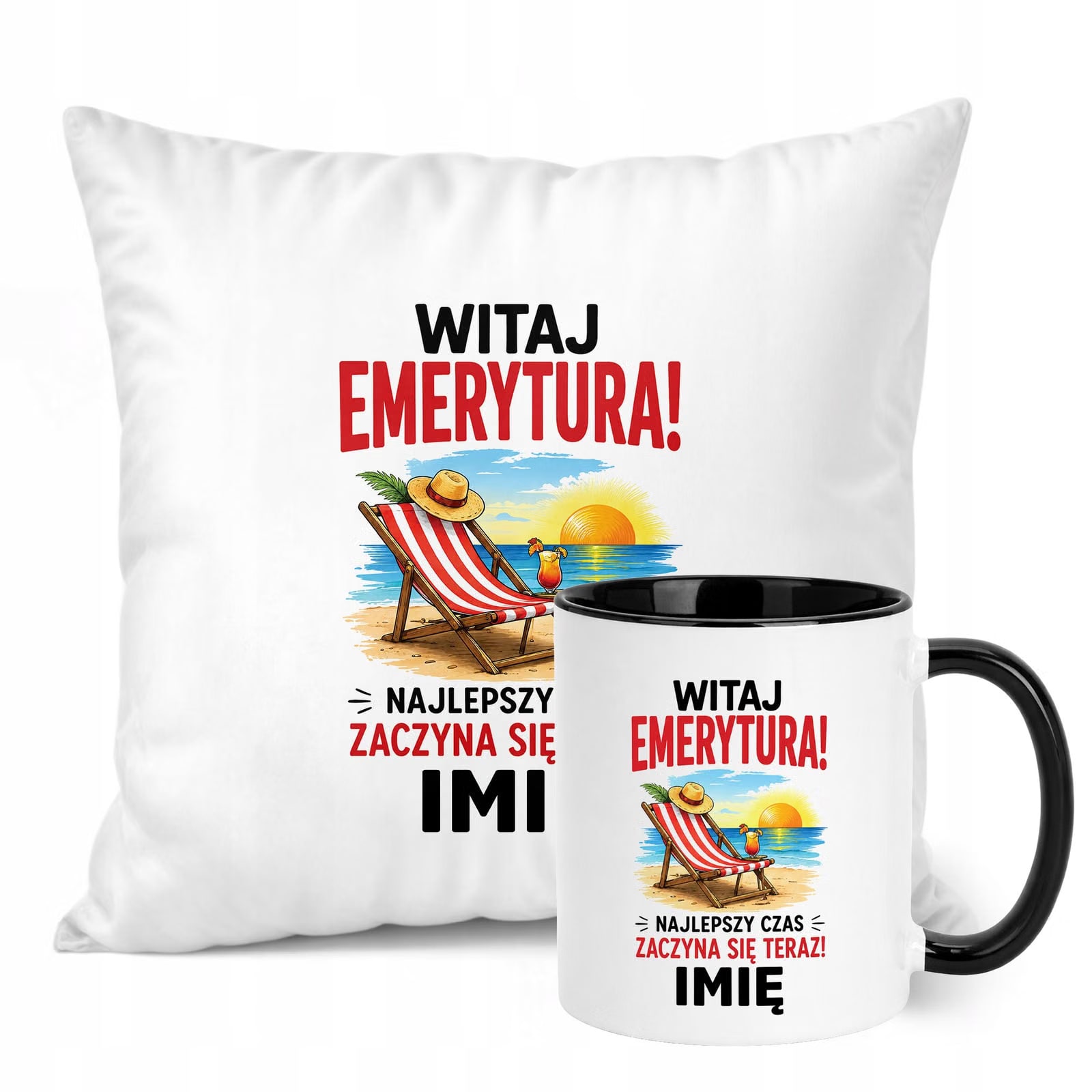 Zestaw Personalizowany Kubek Czarny Poduszka Emerytura Upominek Prezent