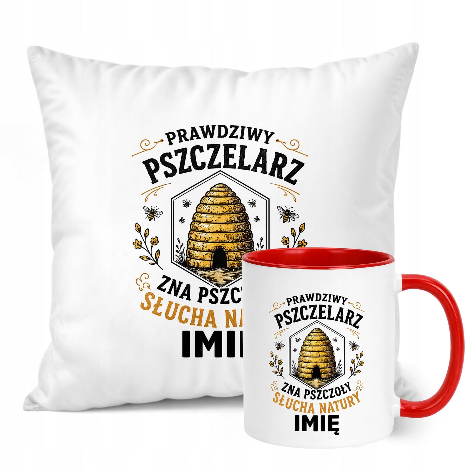 Zestaw Personalizowany Kubek Czerwony Poduszka Z Nadrukiem Dla Pszczelarza