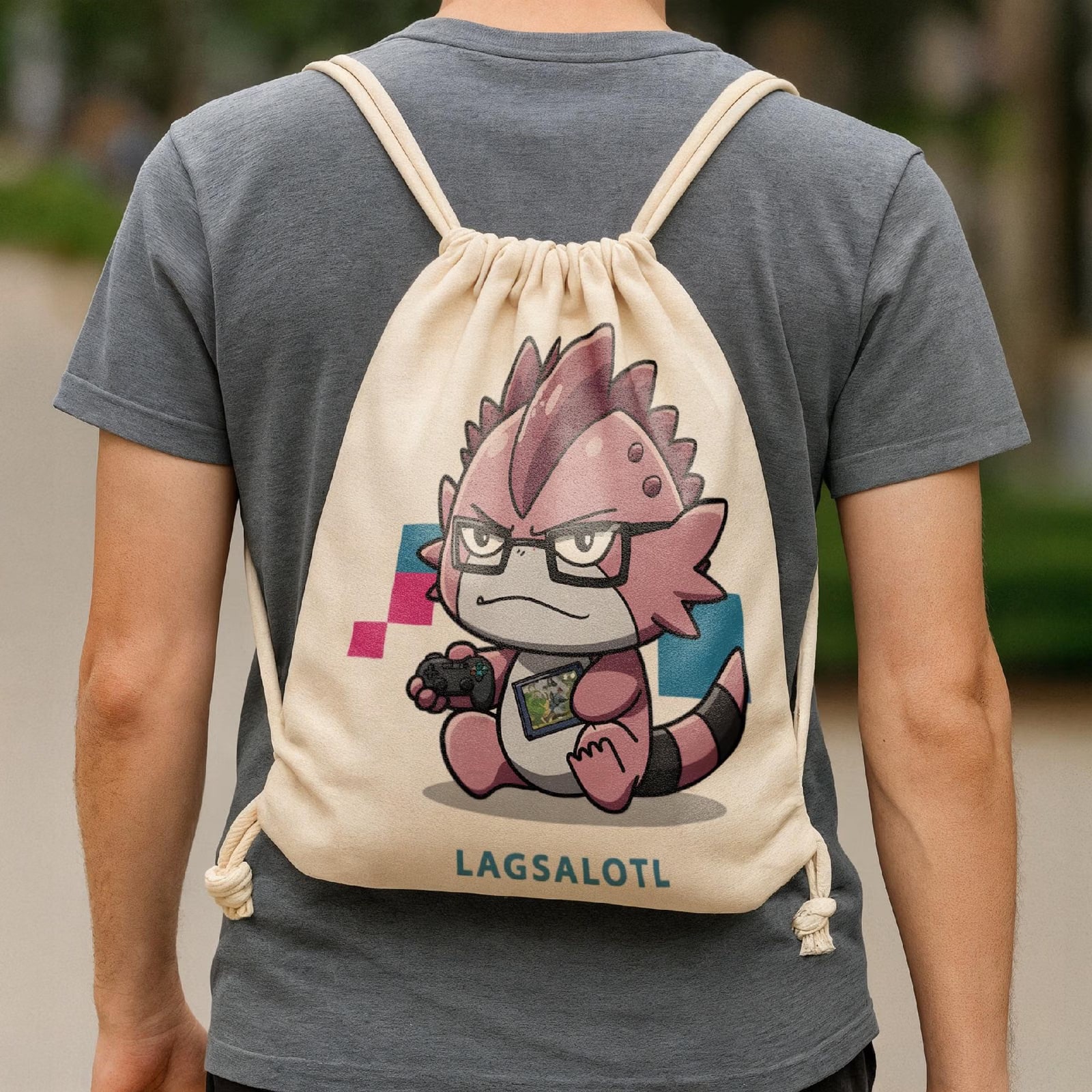 Plecak na sznurkach ecru dzieci Aksolotl Axolotl Różowy Uśmiech Gra Trend