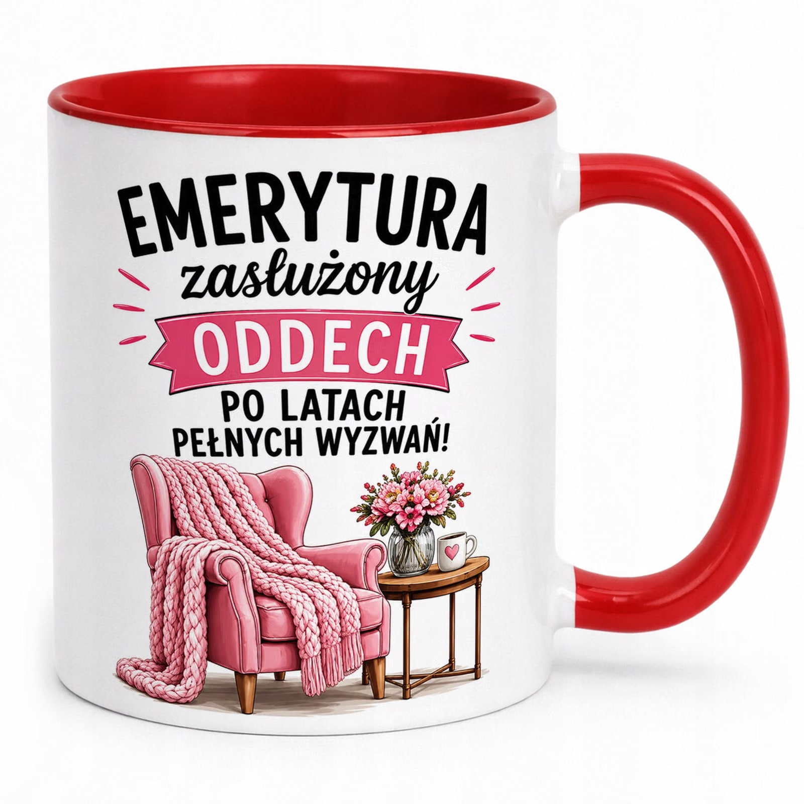 Kubek Czerwony z nadrukiem Emerytura Dla Emerytki Upominek Prezent