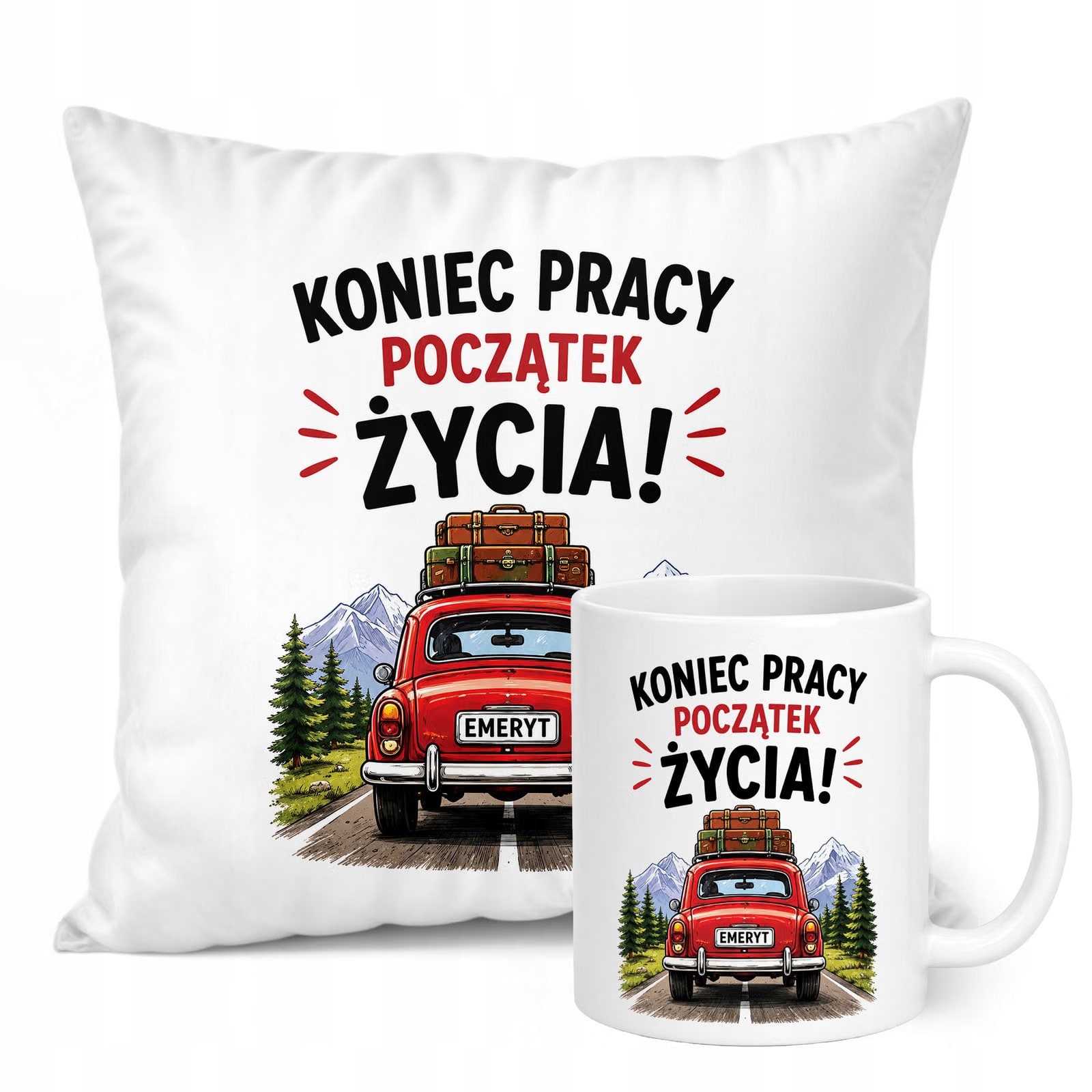 Zestaw Kubek Biały Poduszka Z Nadrukiem Emerytura Upominek Prezent