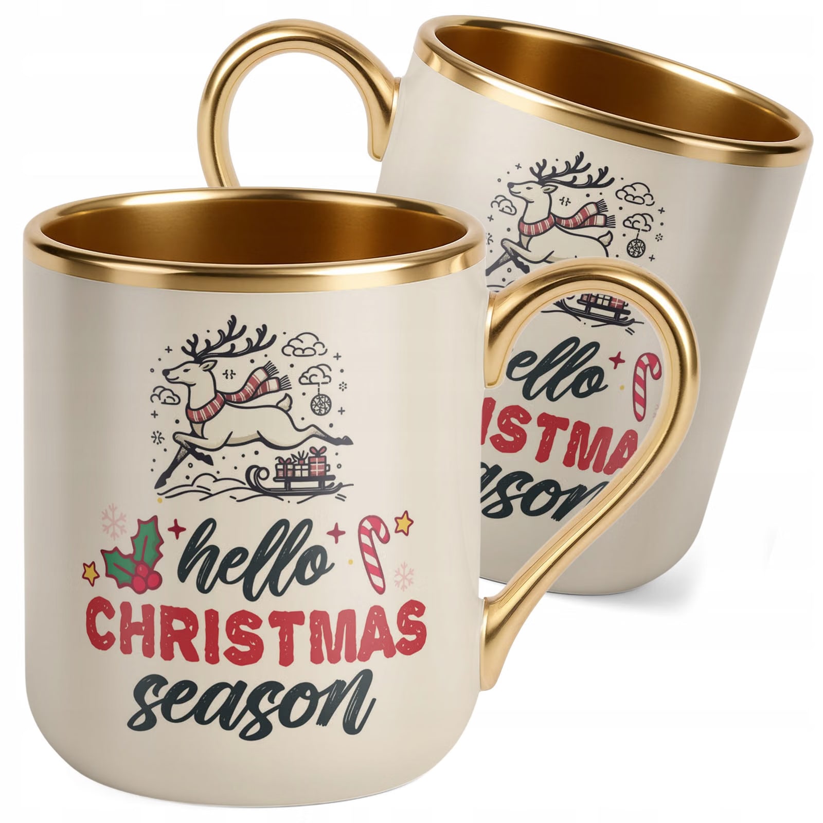 Kubek Premium Złoty Ecru Boże Narodzenie Hello Christmas Season Prezent