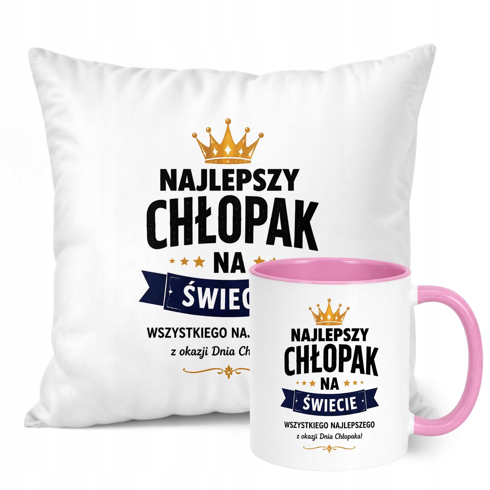 Zestaw Kubek Różowy Poduszka Dzień Chłopaka Z Nadrukiem Prezent