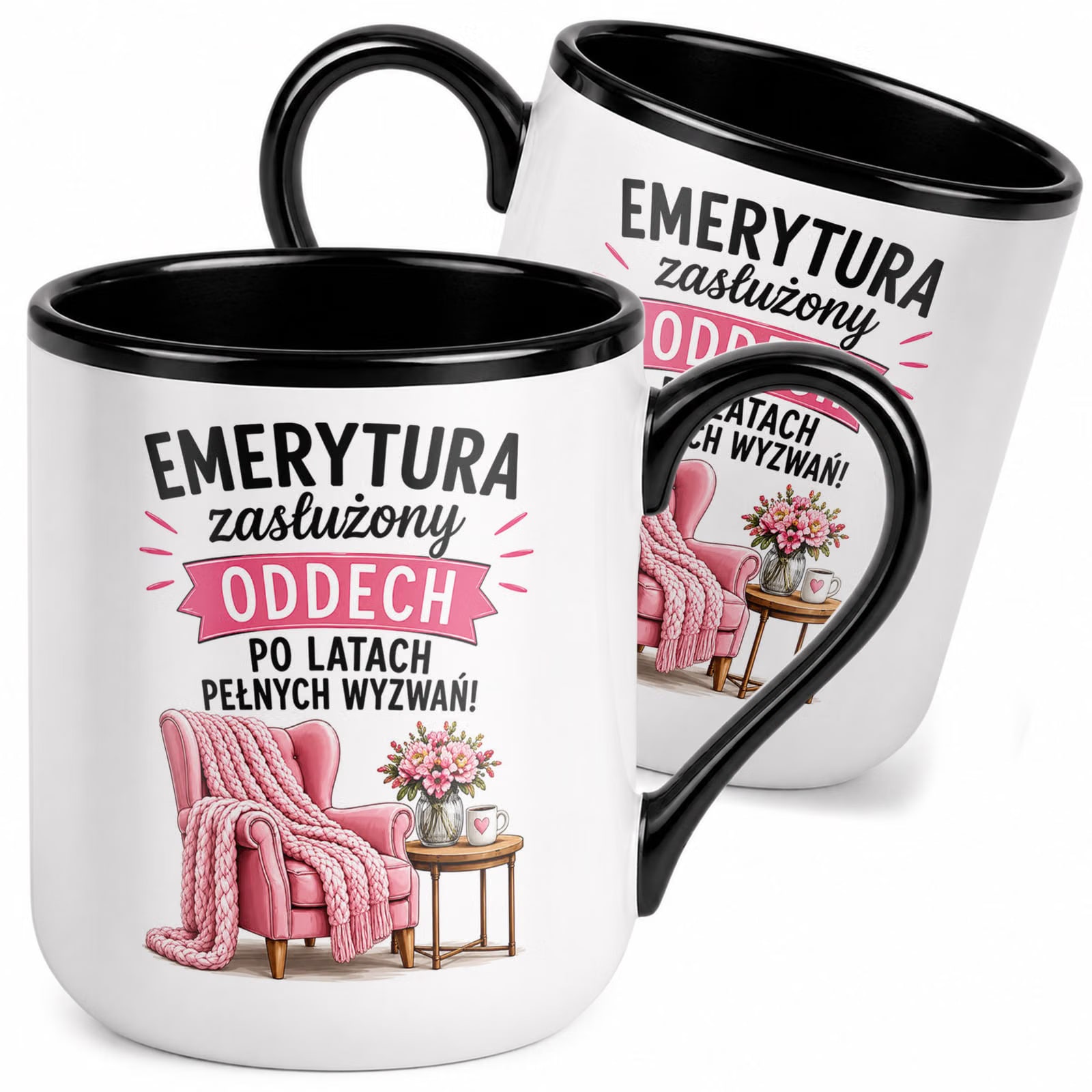 Kubek z nadrukiem Premium Czarny Emerytura Dla Emerytki Upominek Prezent