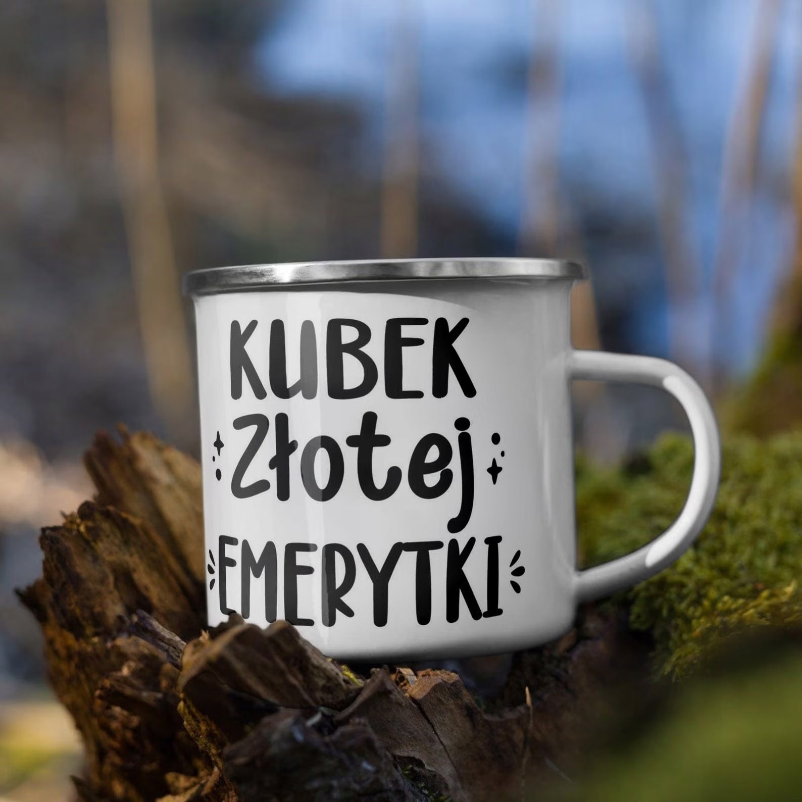 Kubek Emaliowany z okazji Emerytury Dla Emerytki z Nadrukiem Biały Metalowy