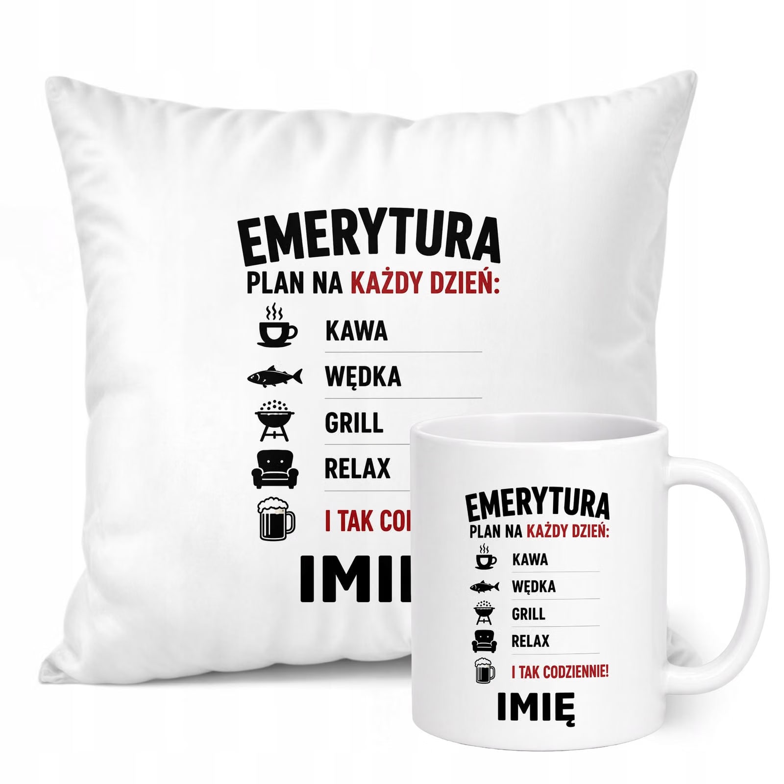 Zestaw Personalizowany Kubek Biały Poduszka Emerytura Dla Emeryta Prezent