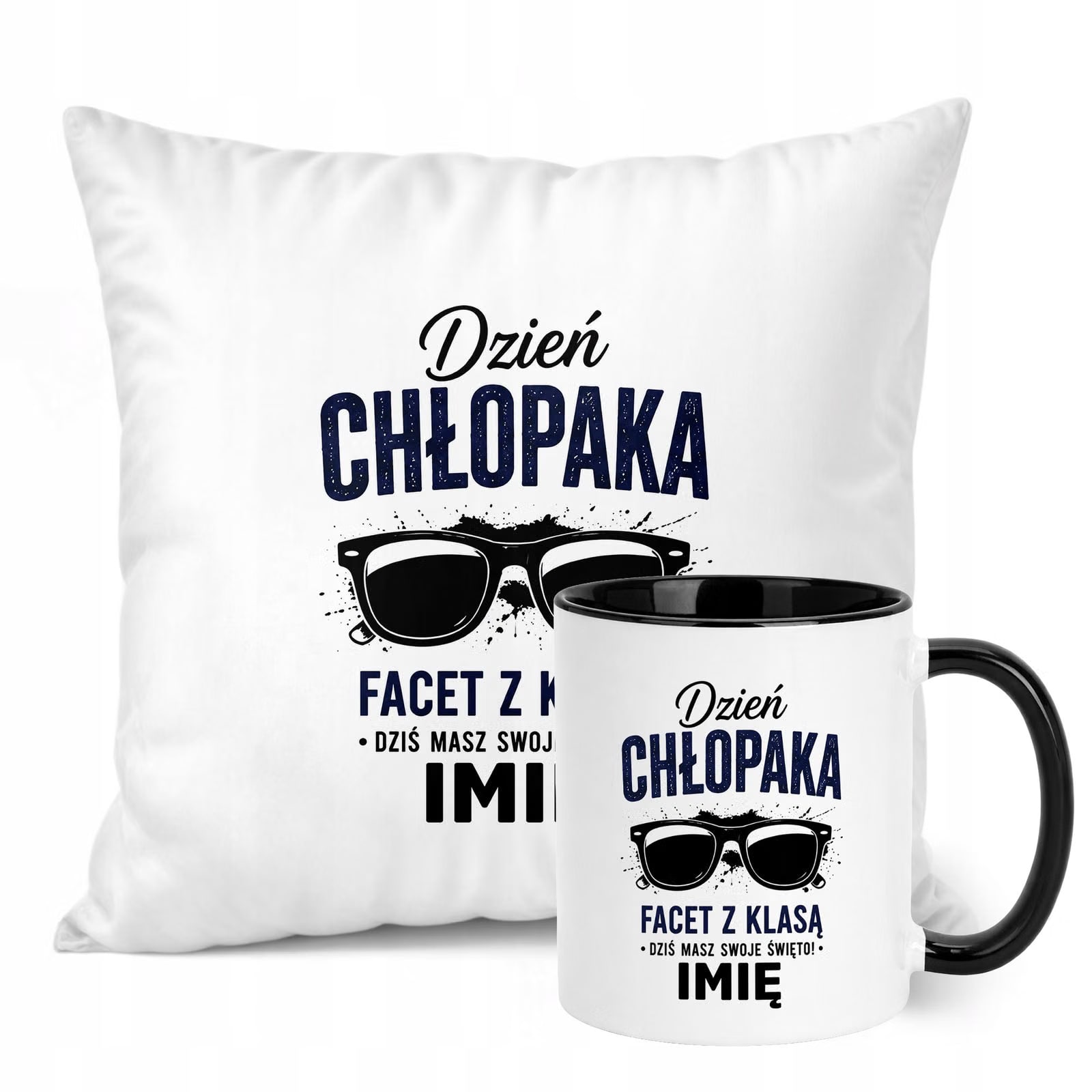 Zestaw Personalizowany Kubek Czarny Poduszka Dzień Chłopaka Z Nadrukiem