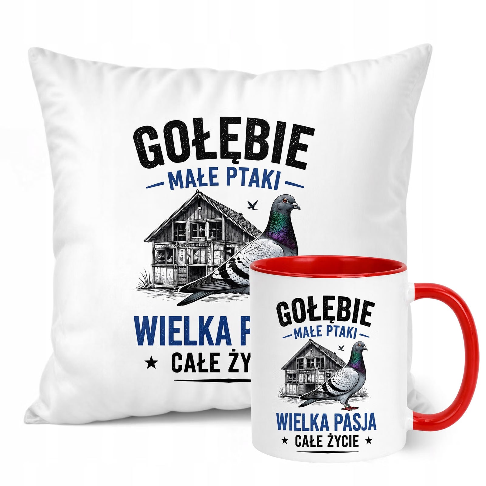 Zestaw Kubek Czerwony Poduszka Z Nadrukiem Dla Gołębiarza Prezent