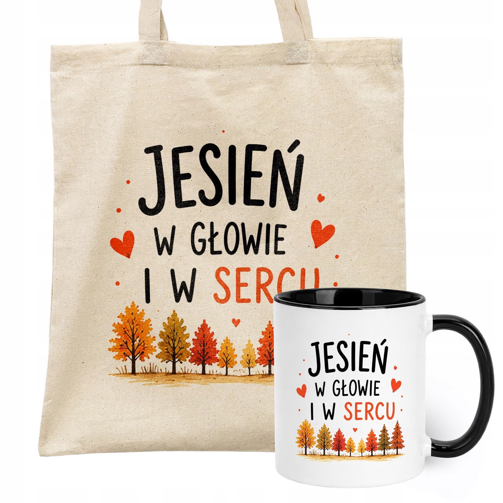 Zestaw Kubek Czarny Torba Shopper Ecru Z Nadrukiem Jesień Jesienny