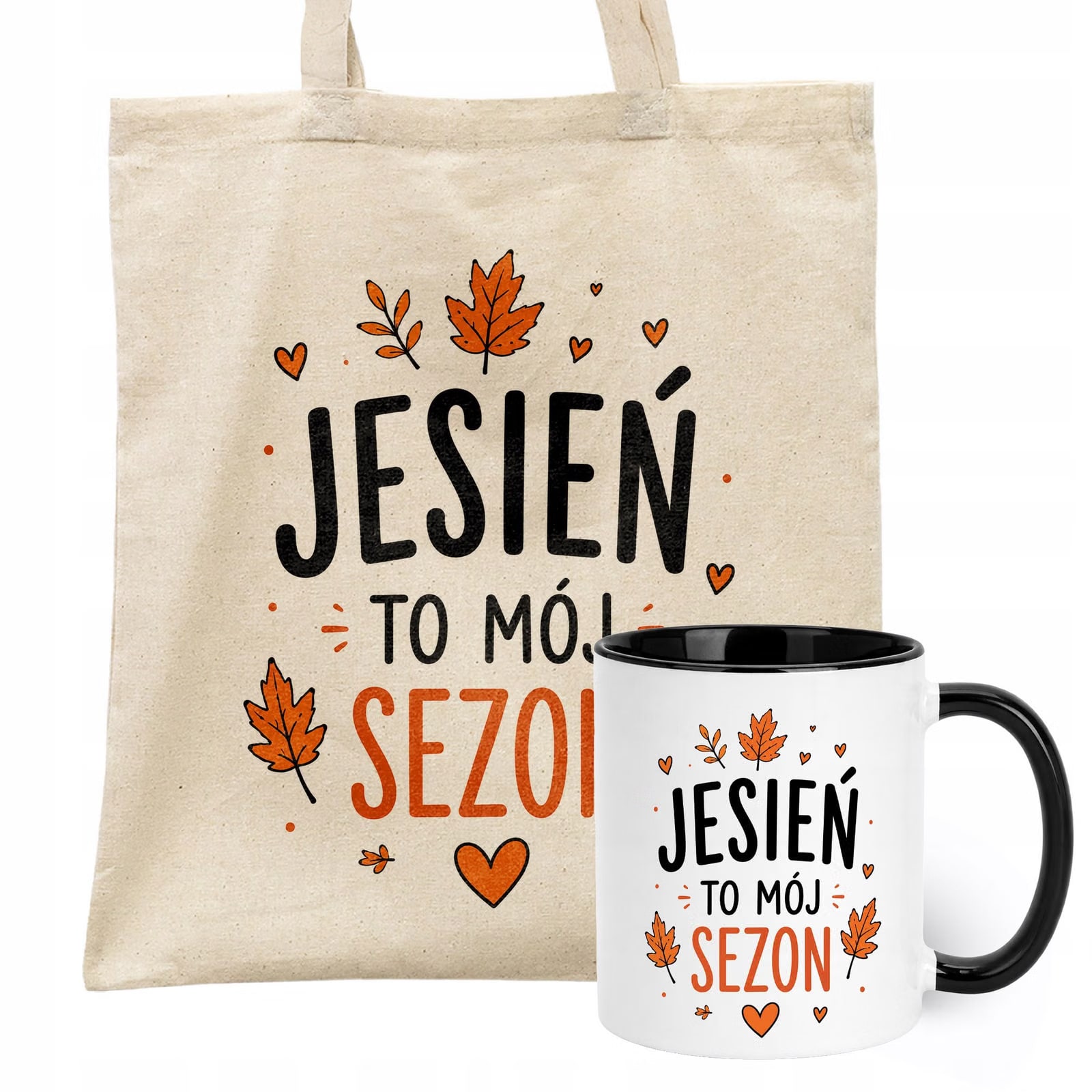 Zestaw Kubek Czarny Torba Shopper Ecru Z Nadrukiem Jesień Jesienny