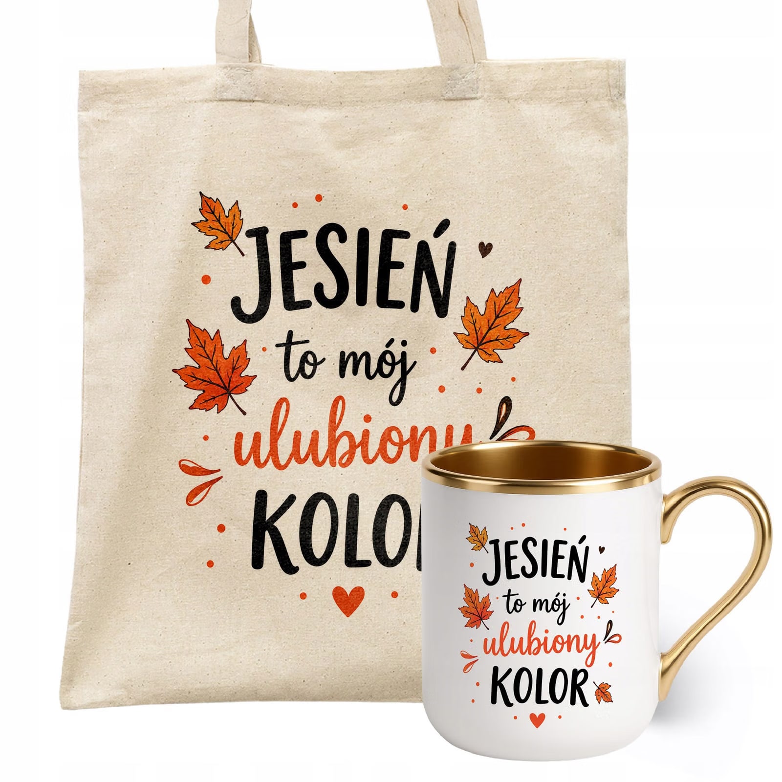 Zestaw Kubek Premium Złoty Torba Shopper Ecru Z Nadrukiem Jesień
