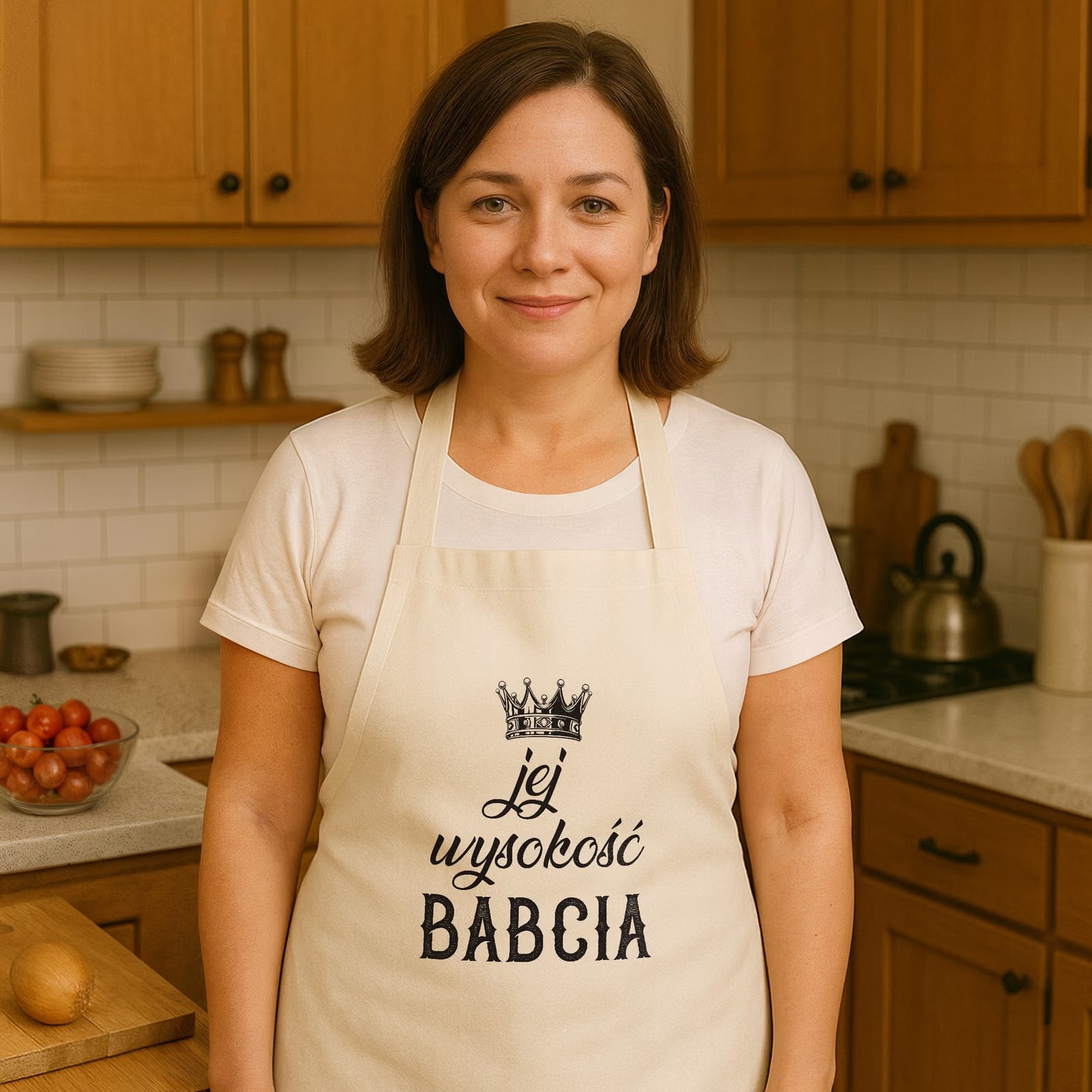 Bawełniany Fartuch Kuchenny Ecru Dzień Babci Dla Babci Prezent Z Nadrukiem