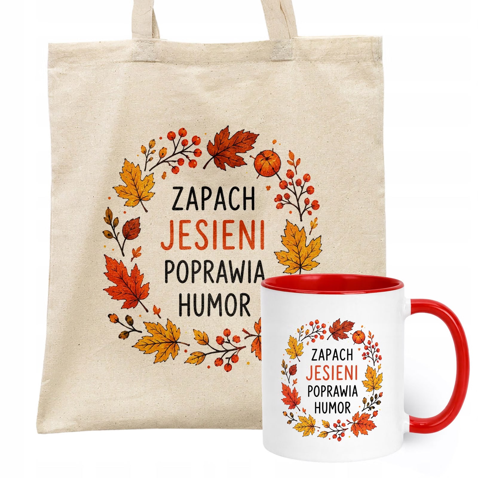 Zestaw Kubek Czerwony Torba Shopper Ecru Z Nadrukiem Jesień Jesienny