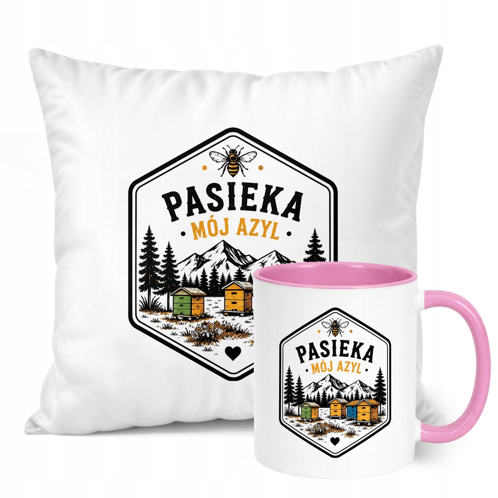 Zestaw Kubek Różowy Poduszka Z Nadrukiem Dla Pszczelarza Prezent